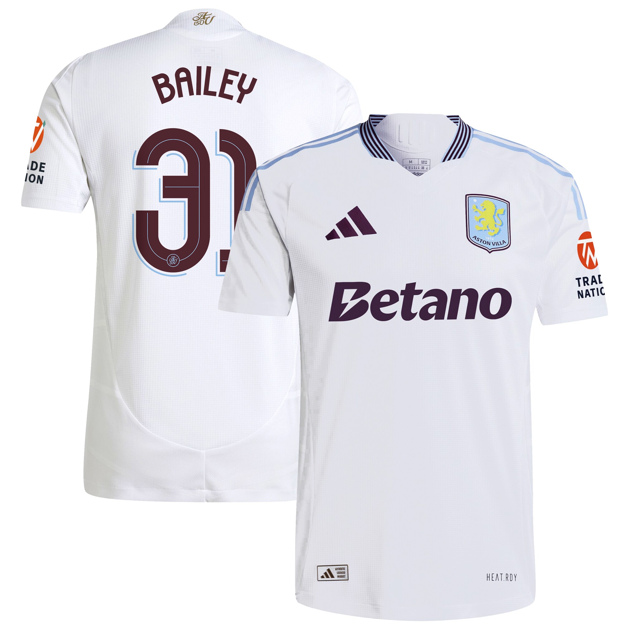 Aston Villa Shirts - aston villa adidas away authentic shirt 2024-25 with bailey 31 cup printing Collection of Official Fan Gear