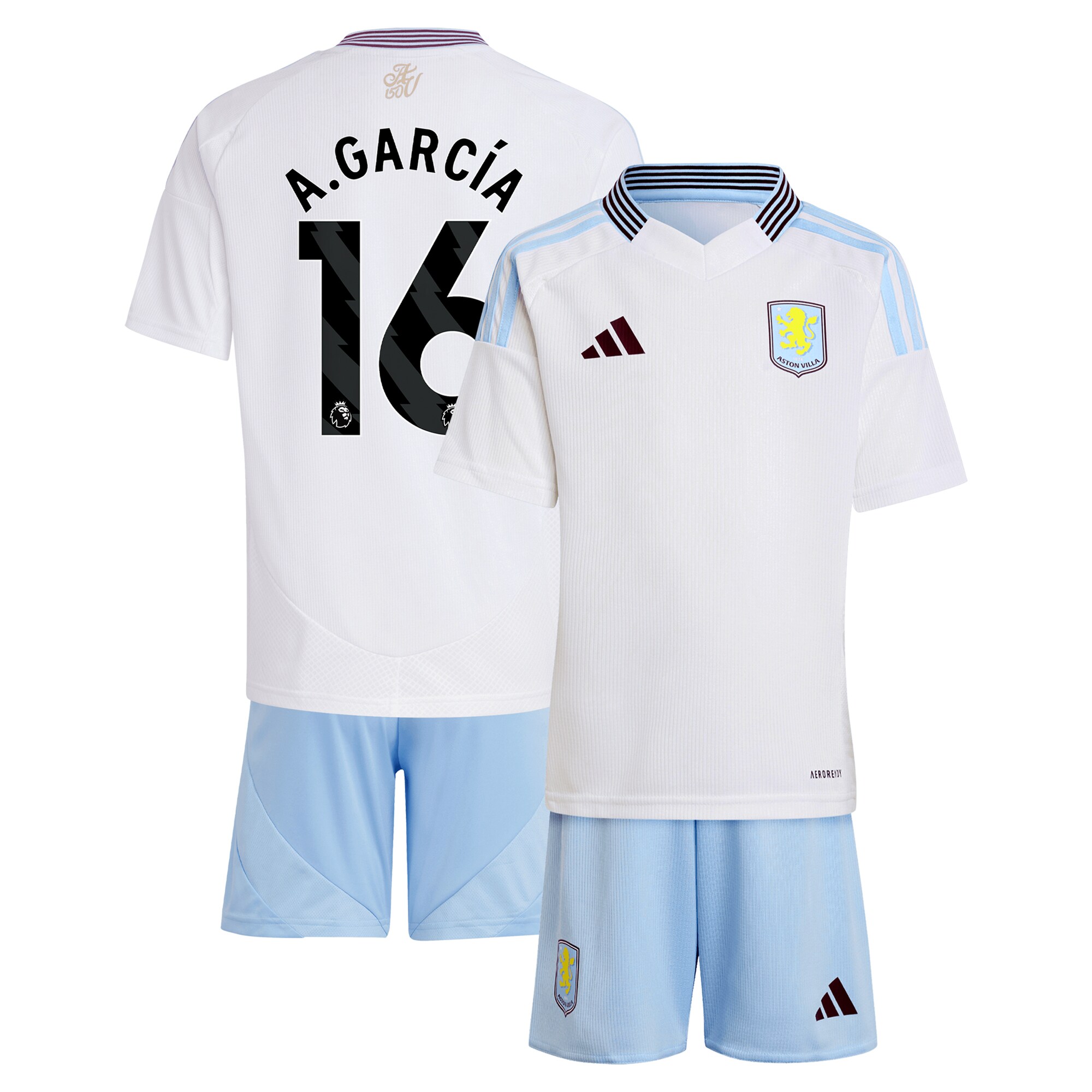 Aston Villa Shirts - aston villa adidas away mini kit 2024-25 with a.garcía 16 printing Collection of Official Fan Gear