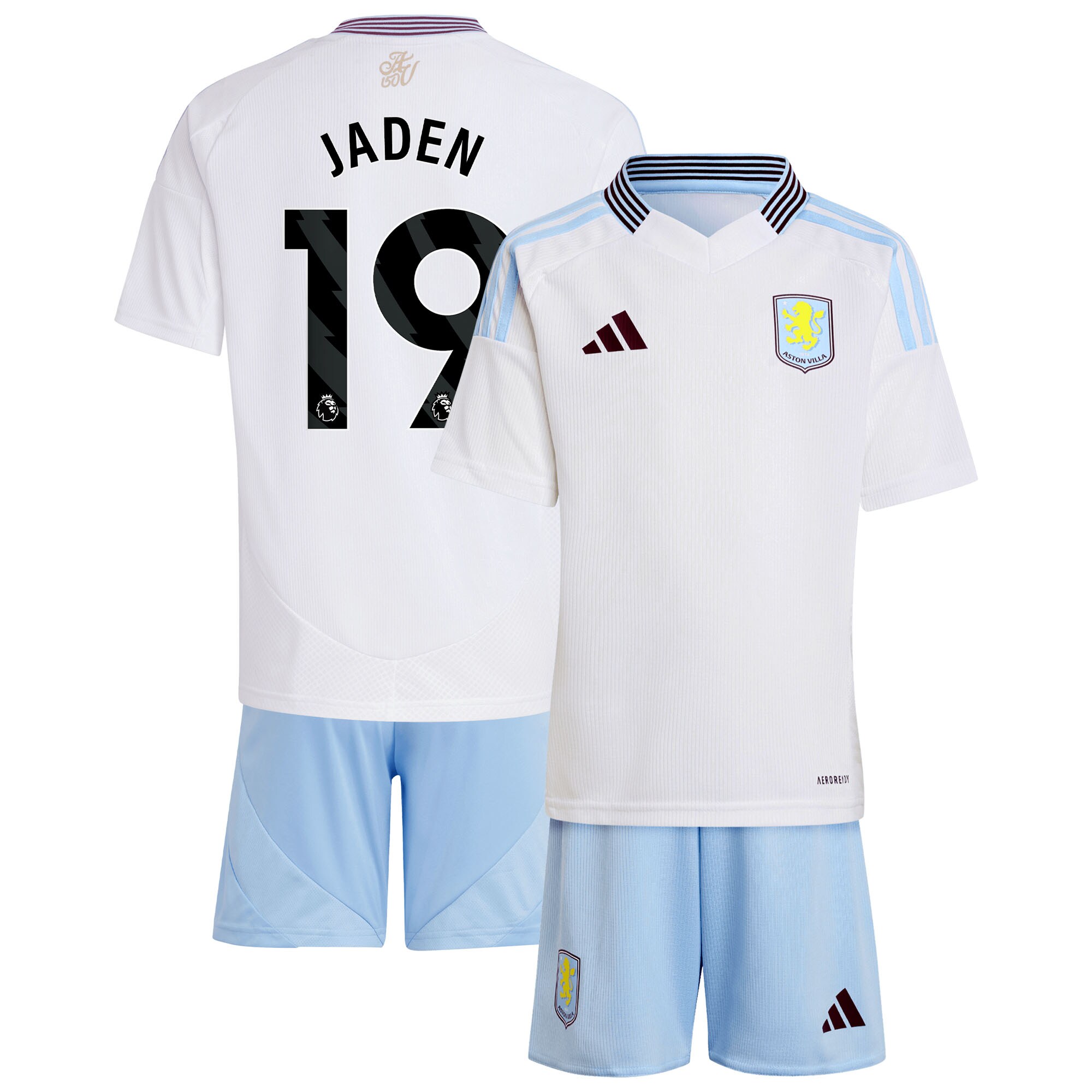Aston Villa Shirts - aston villa adidas away mini kit 2024-25 with jaden 19 printing Collection of Official Fan Gear