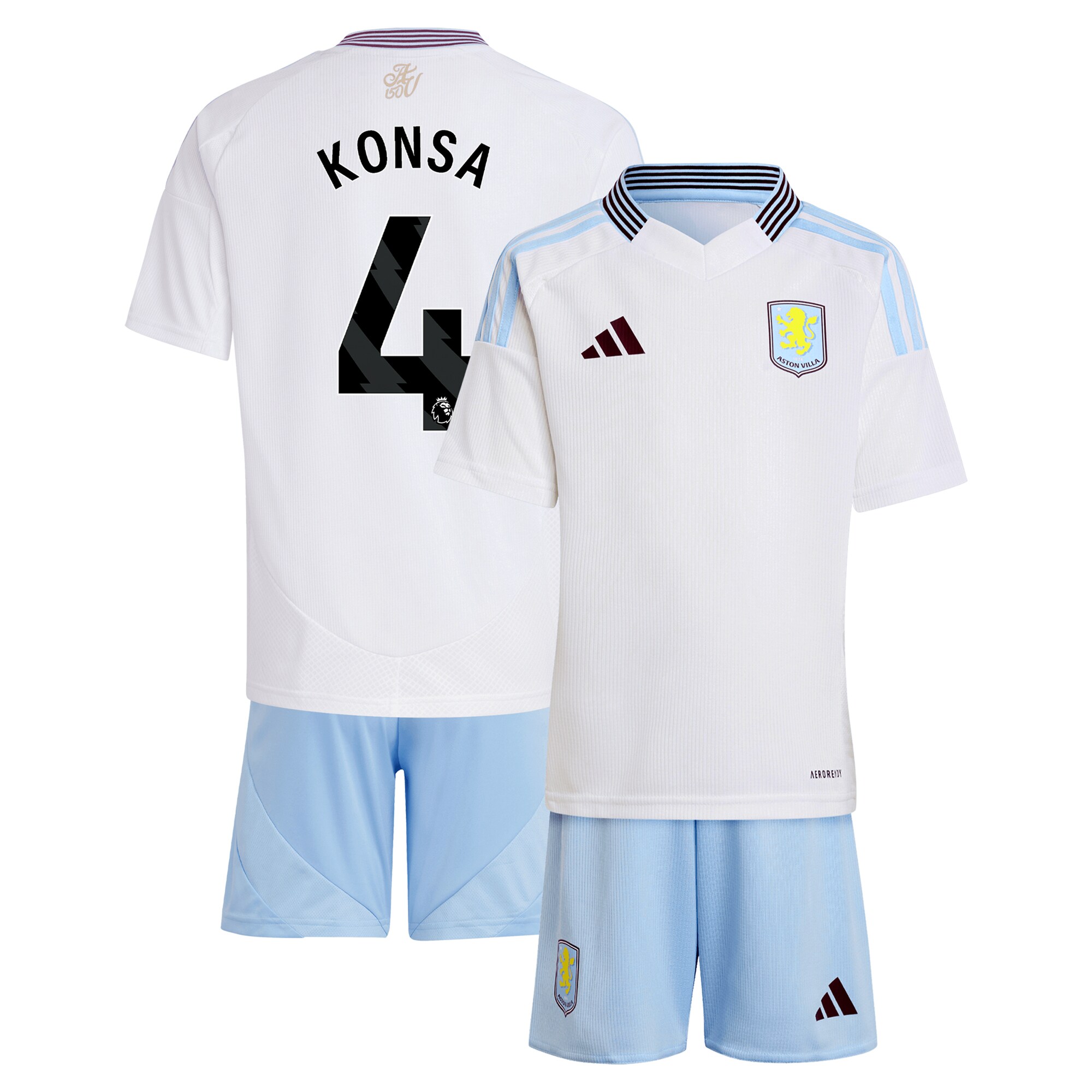 Aston Villa Shirts - aston villa adidas away mini kit 2024-25 with konsa 4 printing Collection of Official Fan Gear