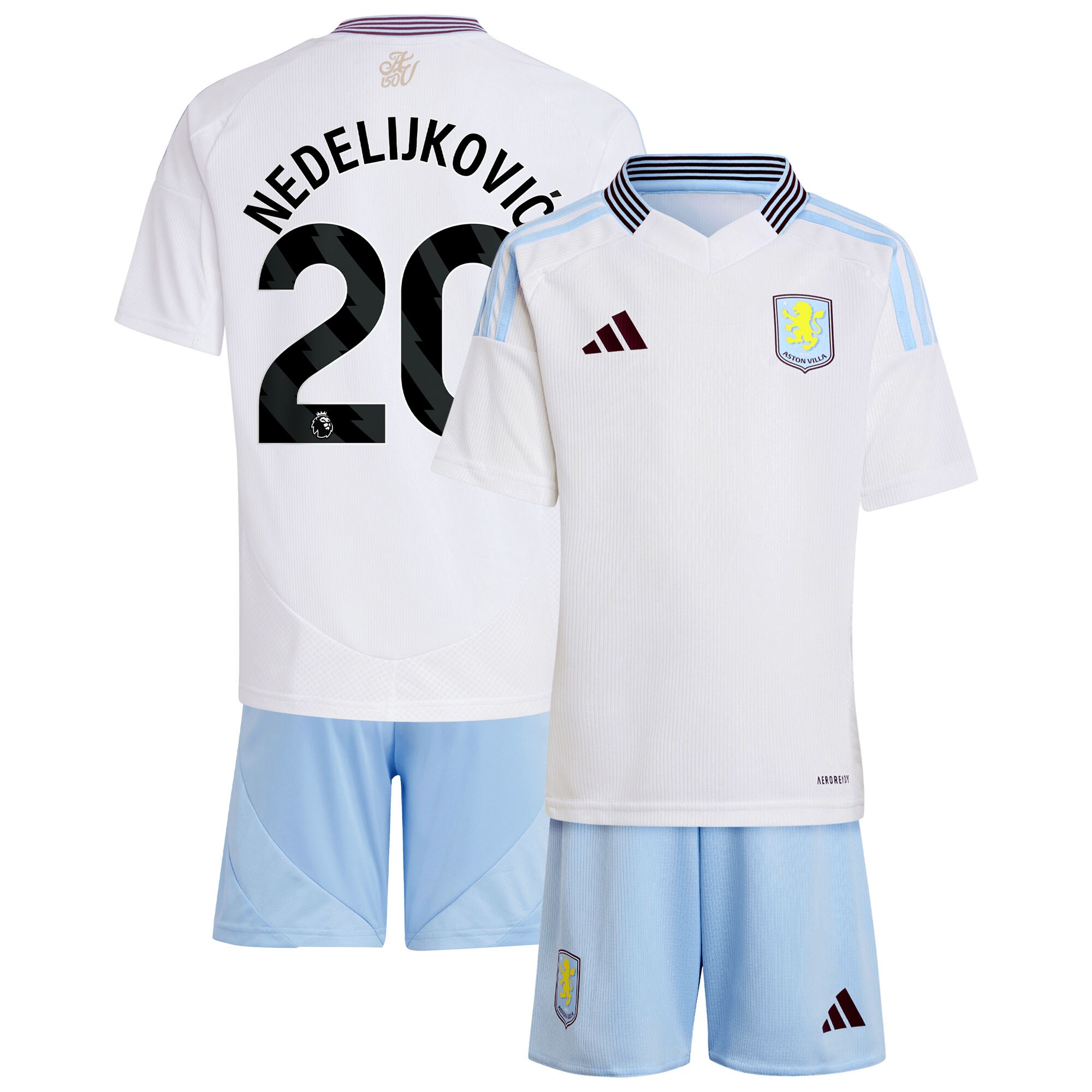 Aston Villa Shirts - aston villa adidas away mini kit 2024-25 with nedeljković 20 printing Collection of Official Fan Gear