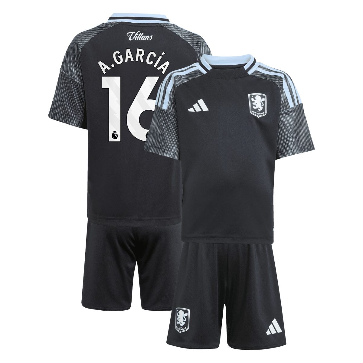 Aston Villa Shirts - aston villa adidas away mini kit 2025-26 with a.garcía 16 printing Collection of Official Fan Gear