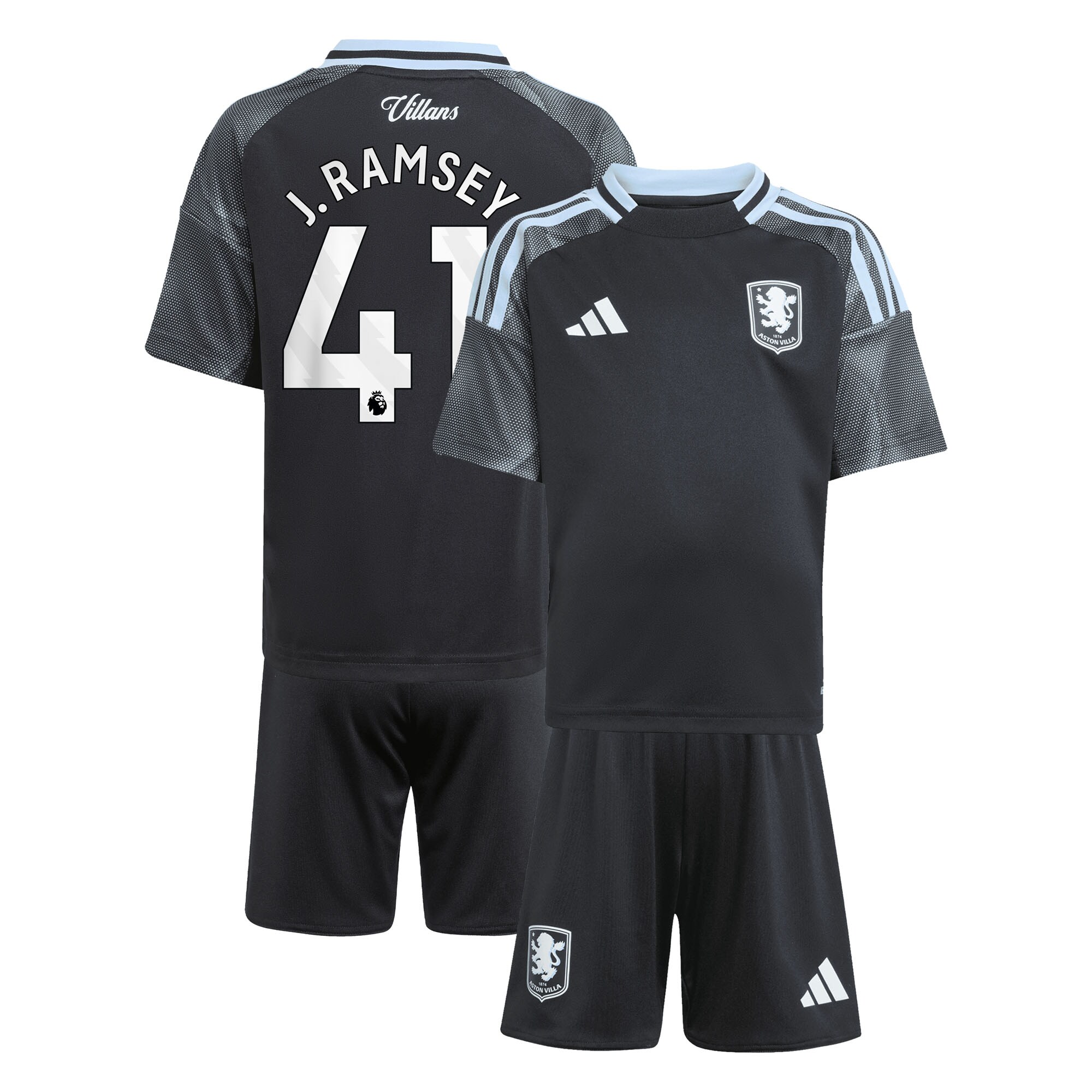 Aston Villa Shirts - aston villa adidas away mini kit 2025-26 with j. ramsey 41 printing Collection of Official Fan Gear