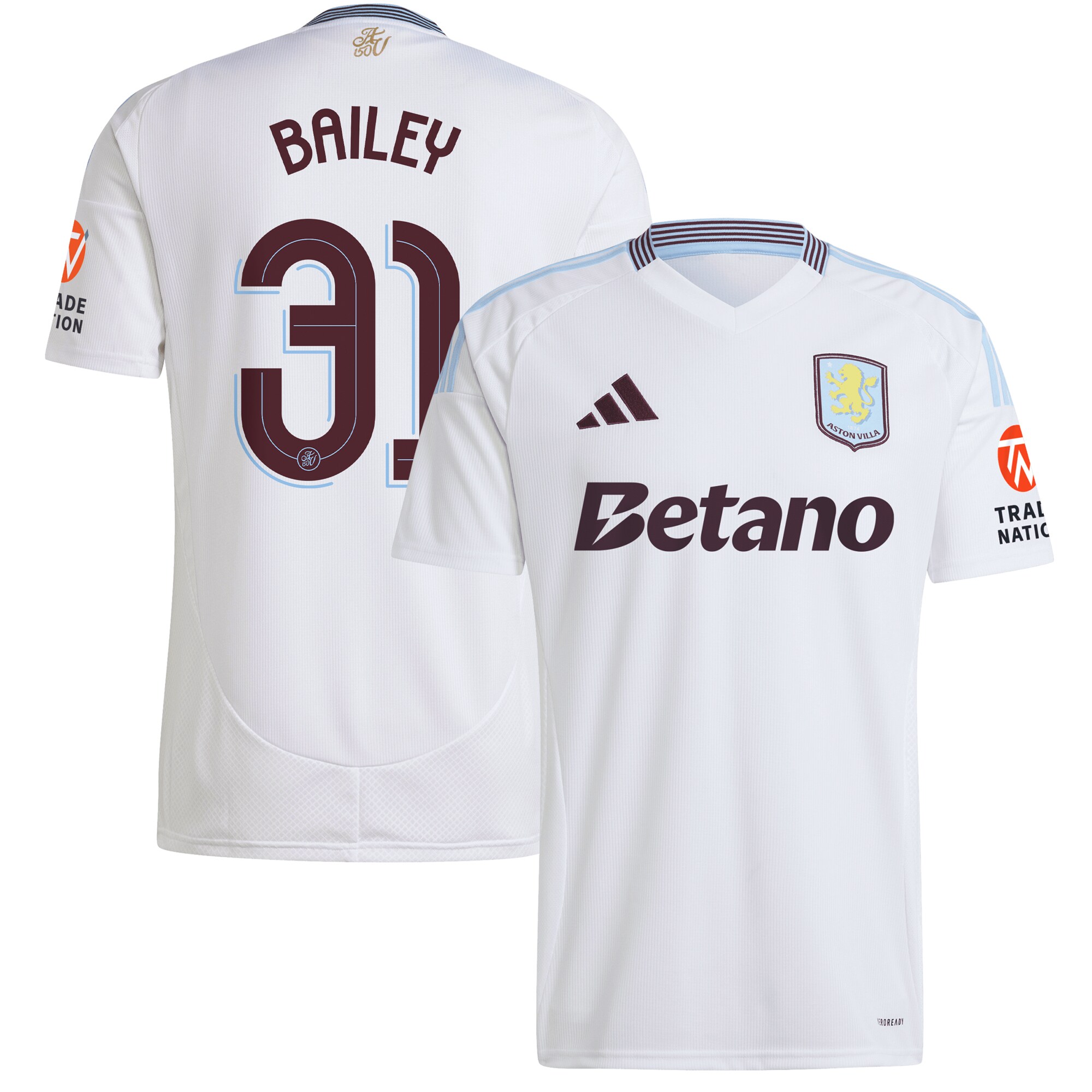 Aston Villa Shirts - aston villa adidas away shirt 2024-25 with bailey 31 cup printing Collection of Official Fan Gear
