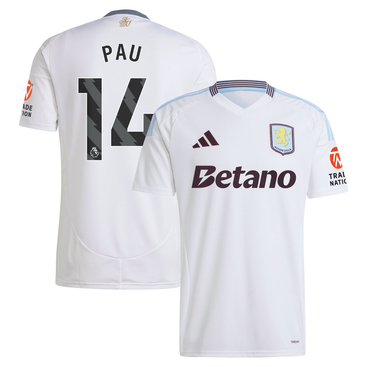 Aston Villa Shirts - aston villa adidas away shirt 2024-25 with pau 14 printing Collection of Official Fan Gear