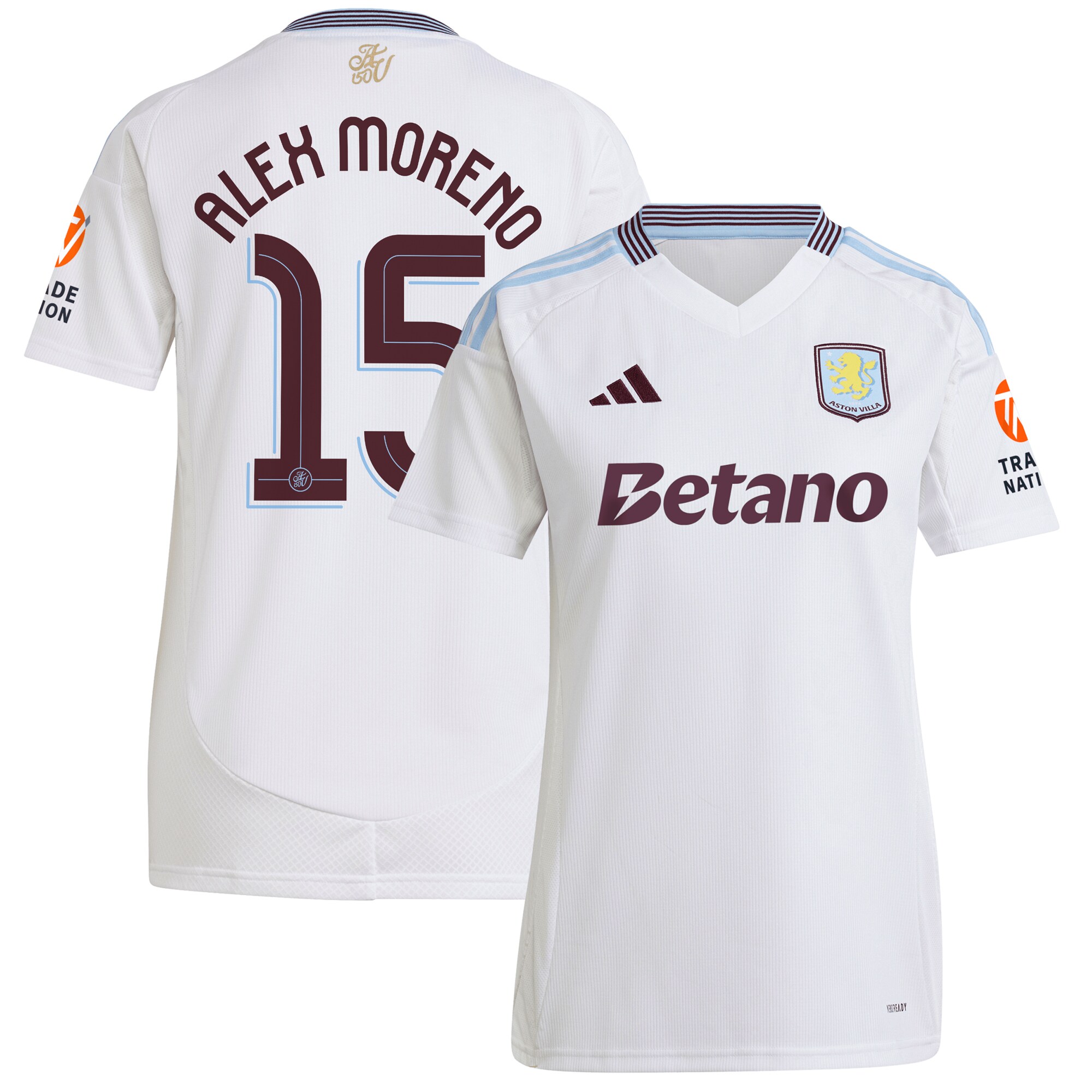 Aston Villa Shirts - aston villa adidas away shirt 2024-25 – womens with alex moreno 15 cup printing Collection of Official Fan Gear