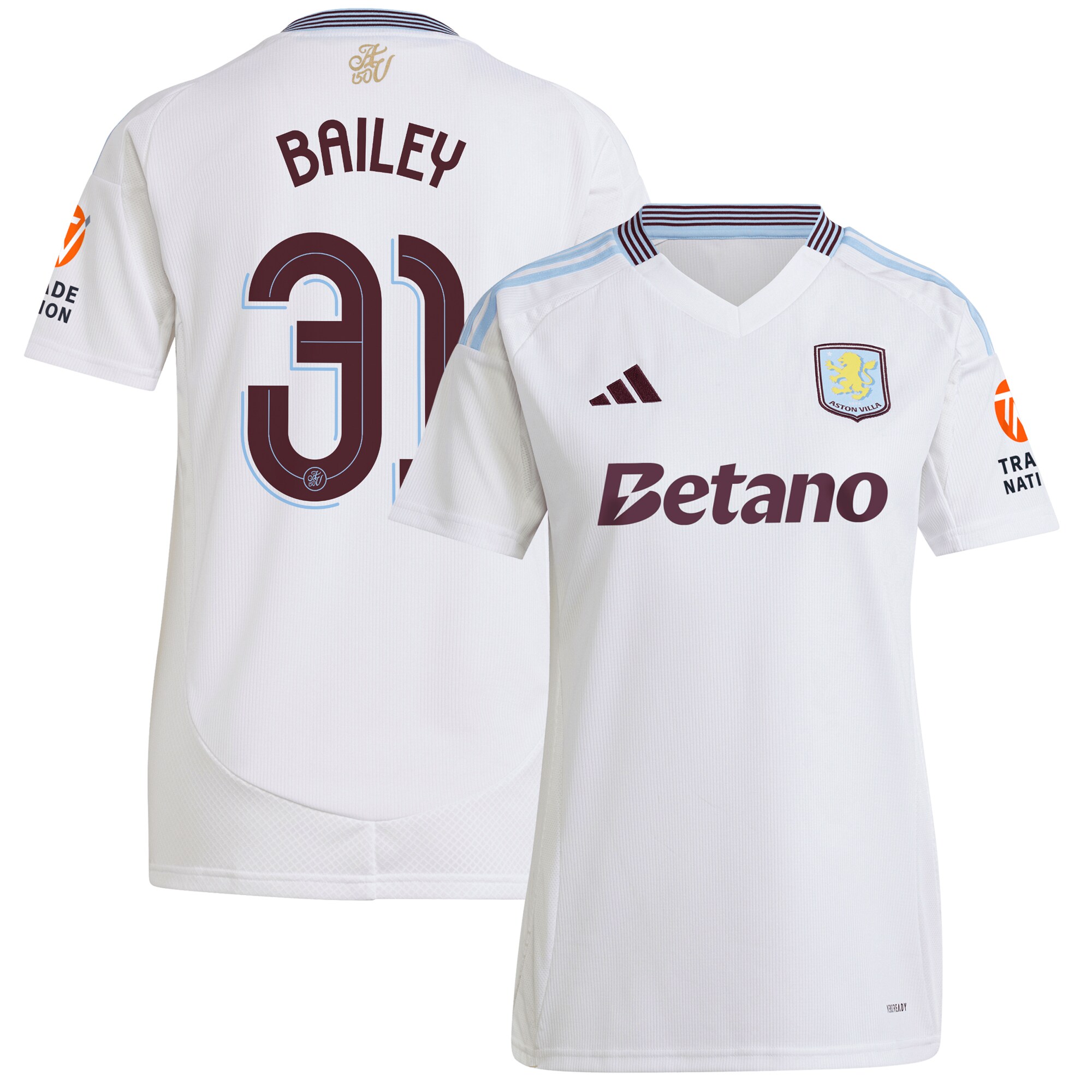 Aston Villa Shirts - aston villa adidas away shirt 2024-25 – womens with bailey 31 cup printing Collection of Official Fan Gear