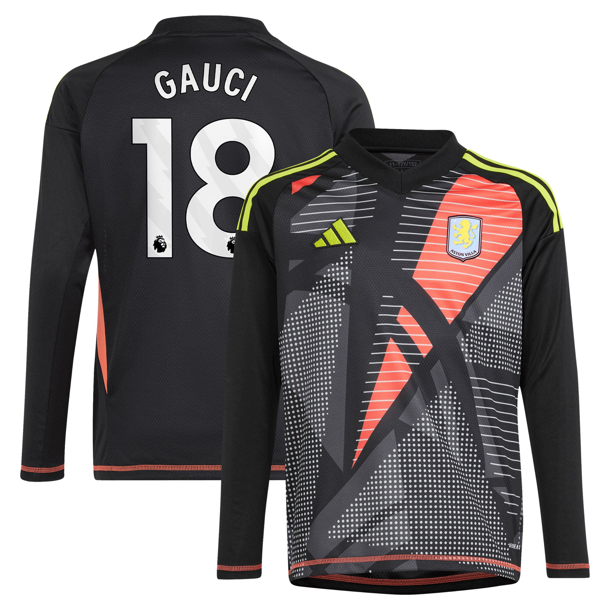 Aston Villa Shirts - aston villa adidas goalkeeper shirt 2024-25 – long sleeve – kids with gauci 18 printing – 202029323 Collection of Official Fan Gear