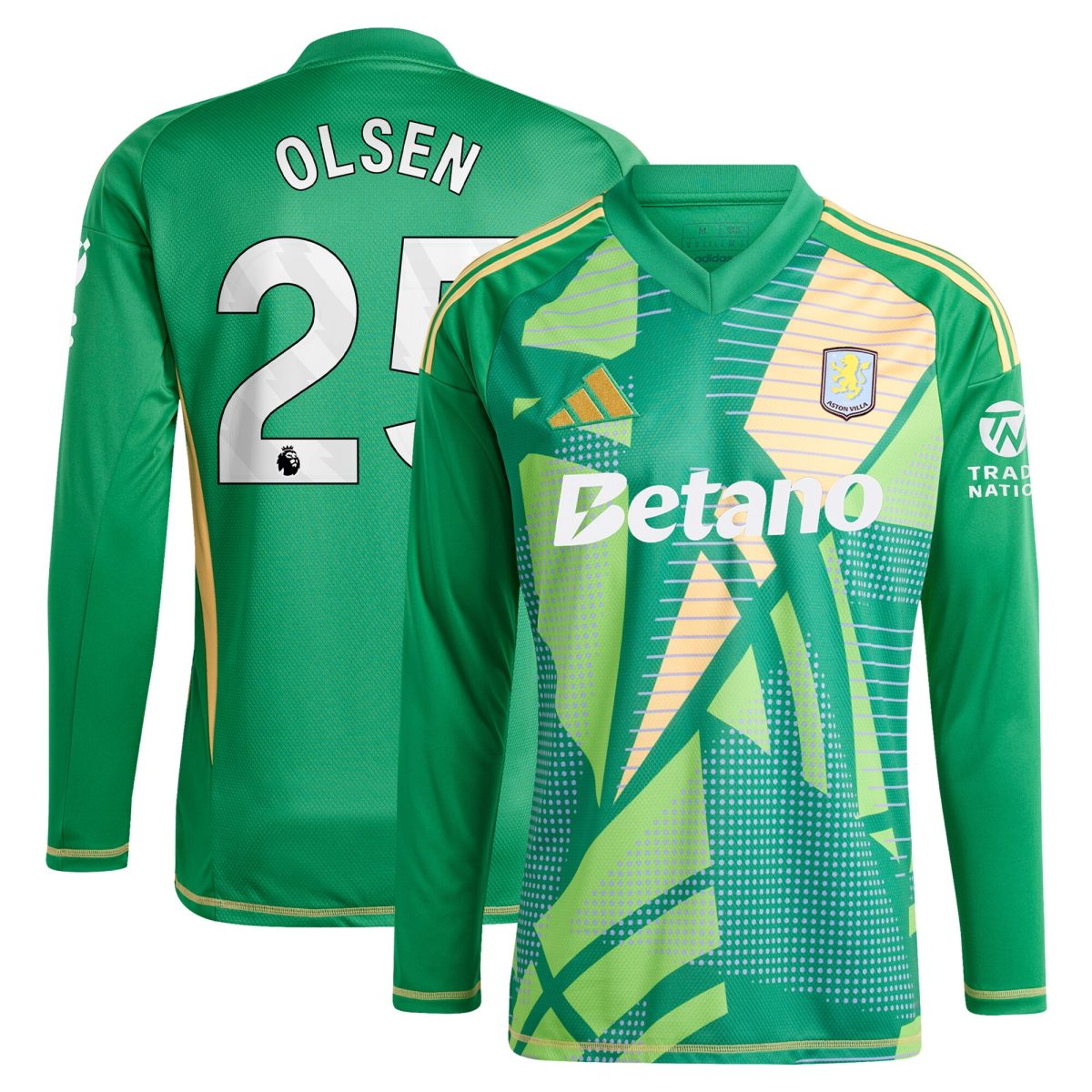 Aston Villa Shirts - aston villa adidas goalkeeper shirt 2024-25 – long sleeve with olsen 25 printing Collection of Official Fan Gear