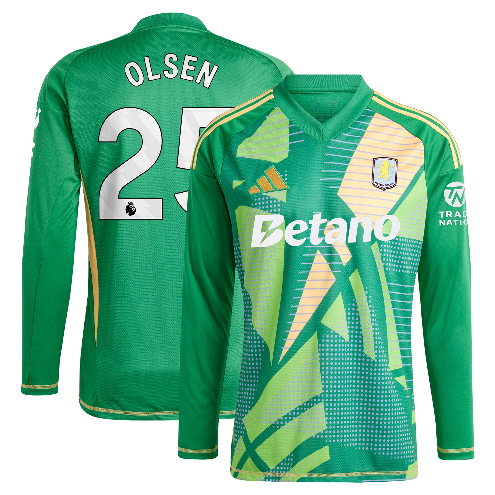 Aston Villa Shirts - aston villa adidas goalkeeper shirt 2024-25 – long sleeve with olsen 25 printing Collection of Official Fan Gear