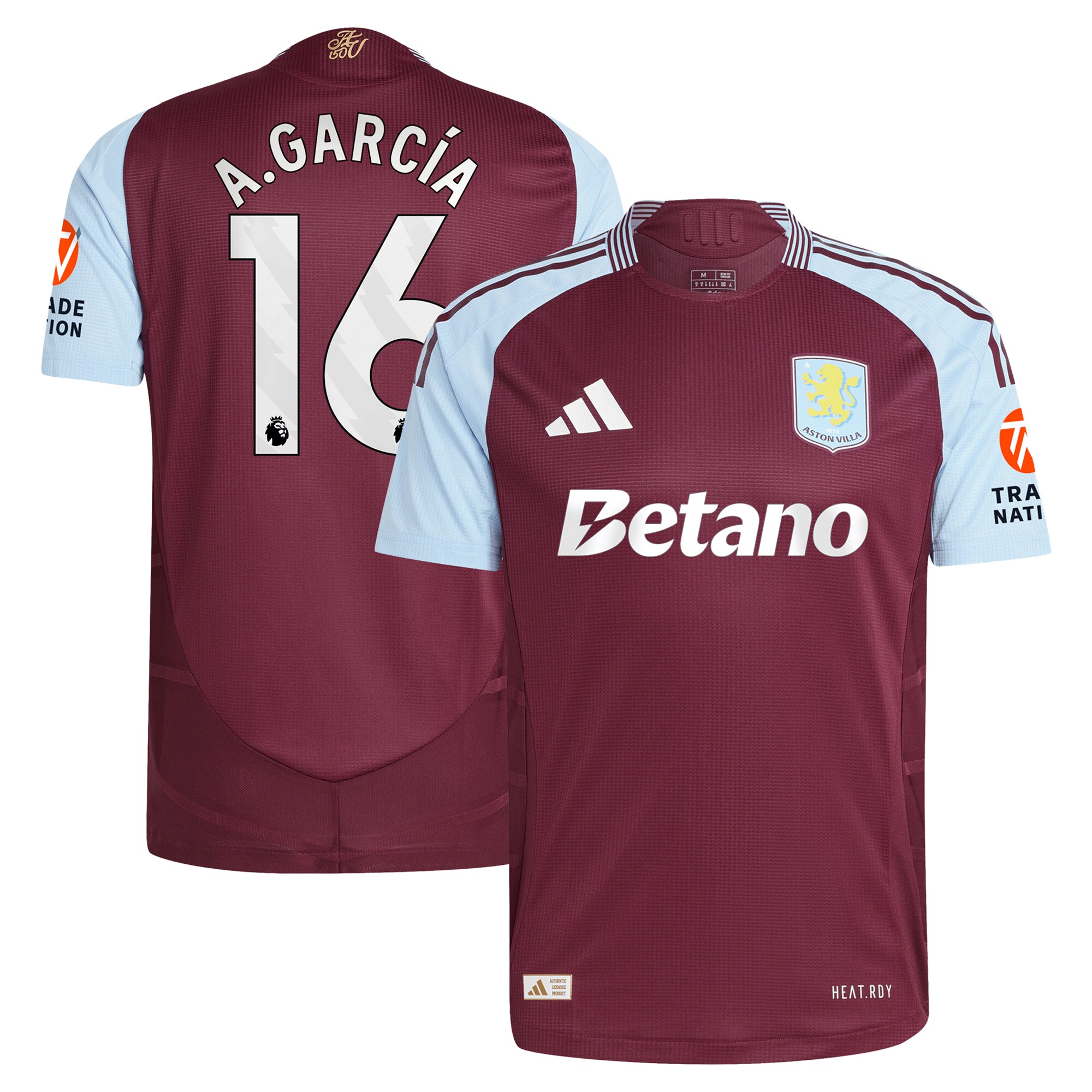 Aston Villa Shirts - aston villa adidas home authentic shirt 2024-25 with a.garcía 16 printing Collection of Official Fan Gear