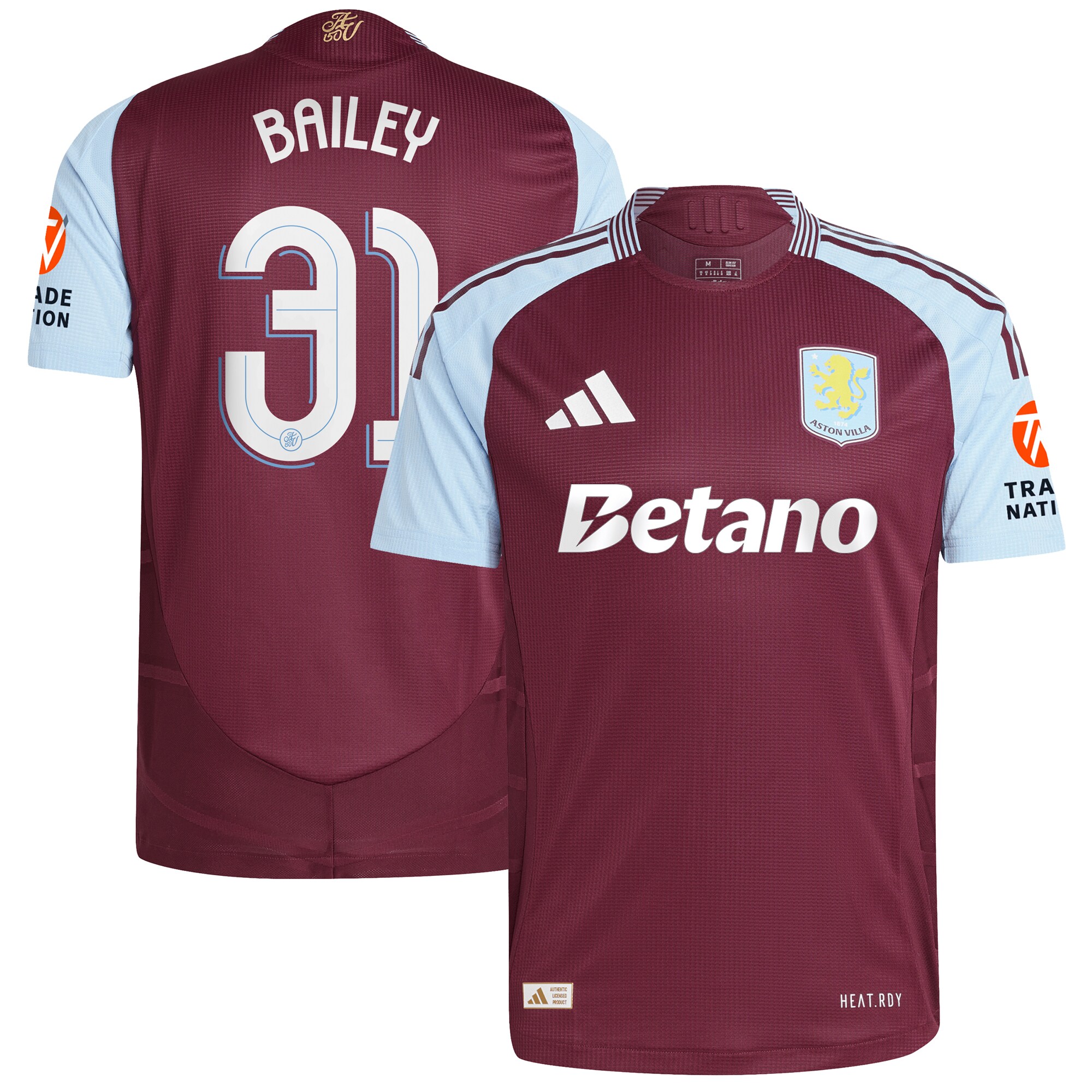 Aston Villa Shirts - aston villa adidas home authentic shirt 2024-25 with bailey 31 cup printing Collection of Official Fan Gear