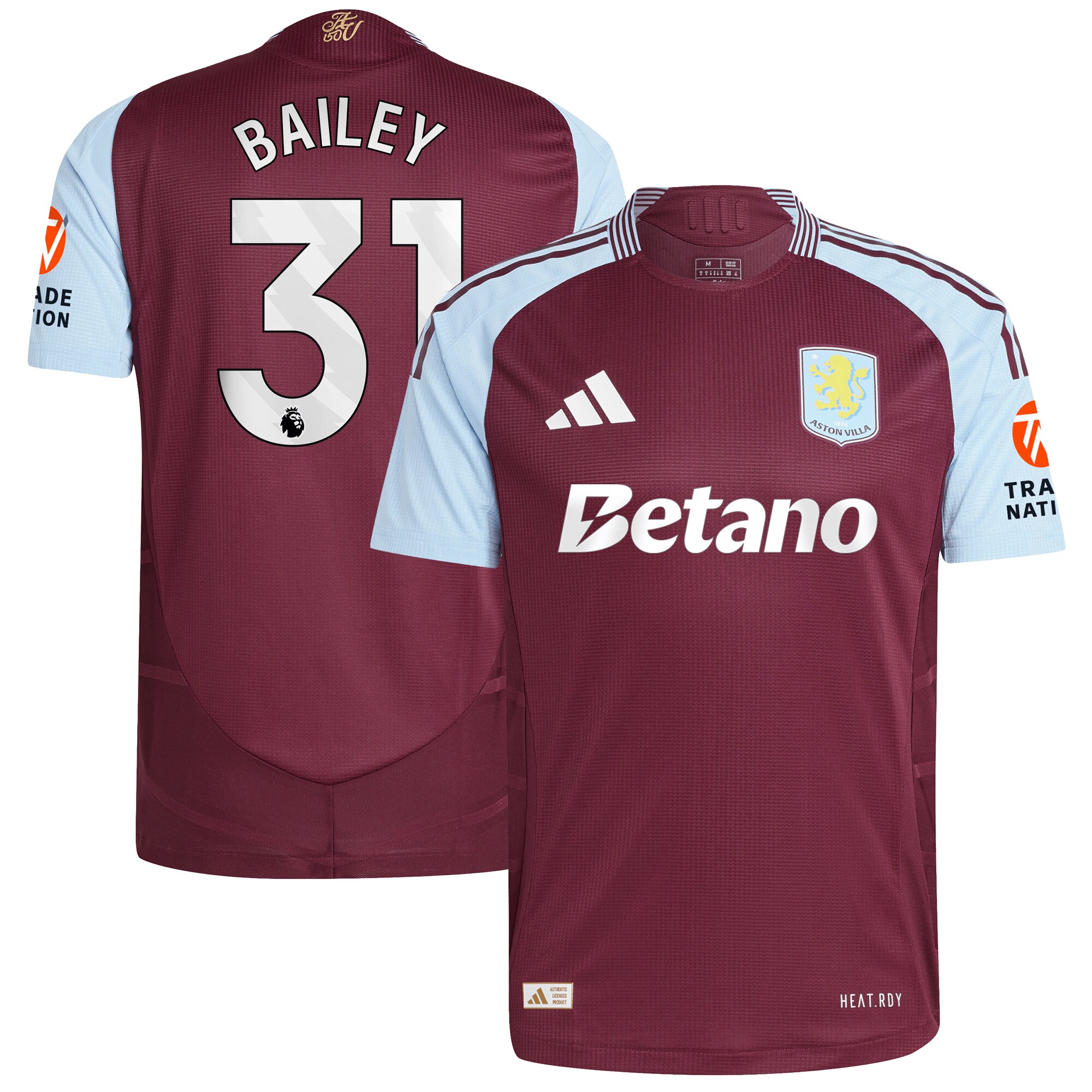 Aston Villa Shirts - aston villa adidas home authentic shirt 2024-25 with bailey 31 printing Collection of Official Fan Gear