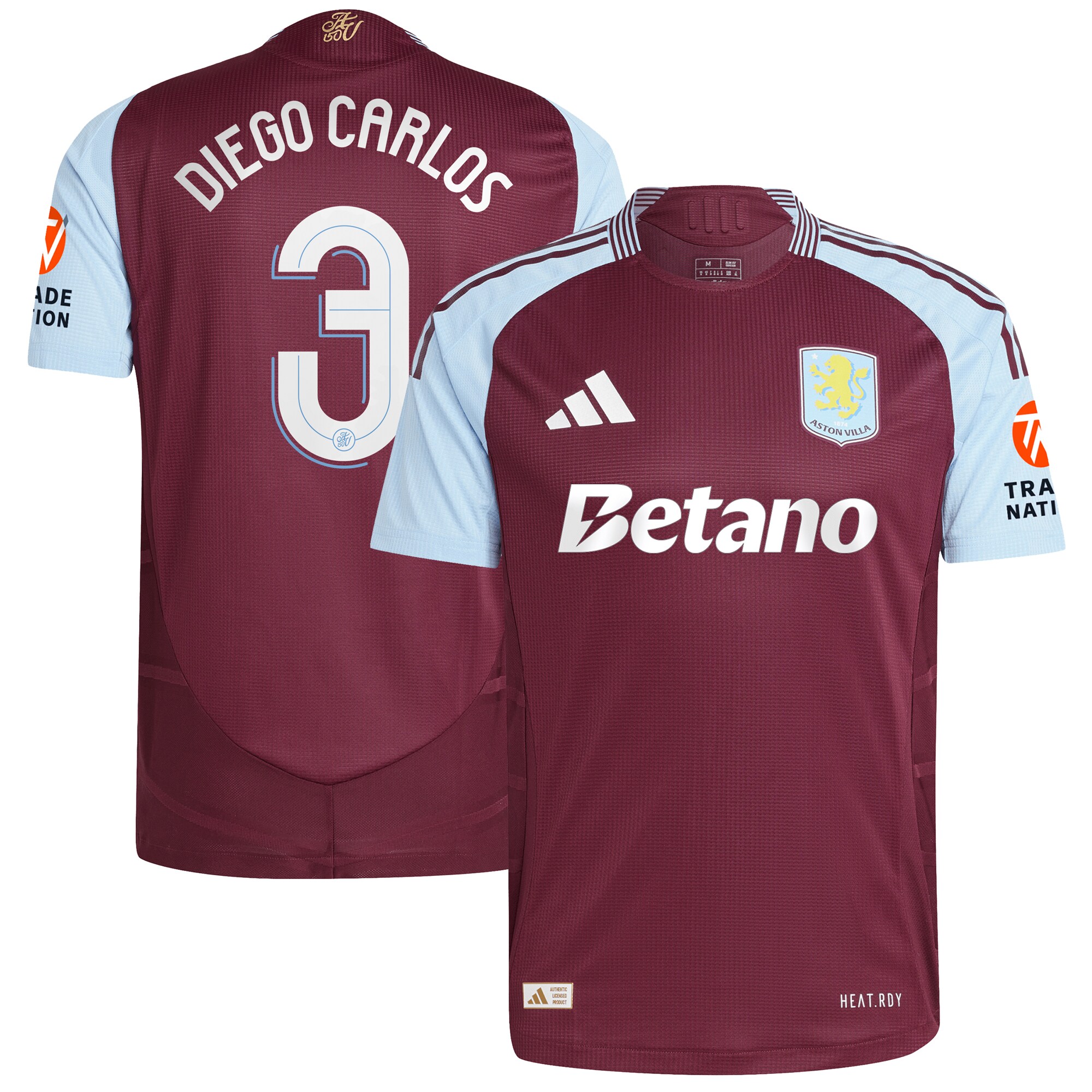 Aston Villa Shirts - aston villa adidas home authentic shirt 2024-25 with diego carlos 3 cup printing Collection of Official Fan Gear