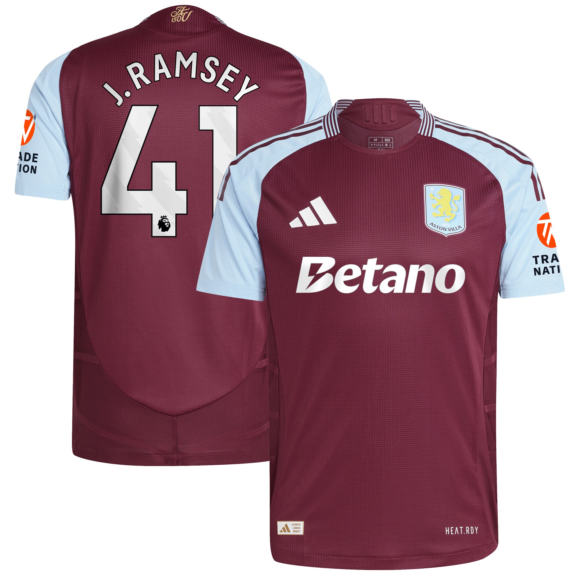 Aston Villa Shirts - aston villa adidas home authentic shirt 2024-25 with j. ramsey 41 printing Collection of Official Fan Gear