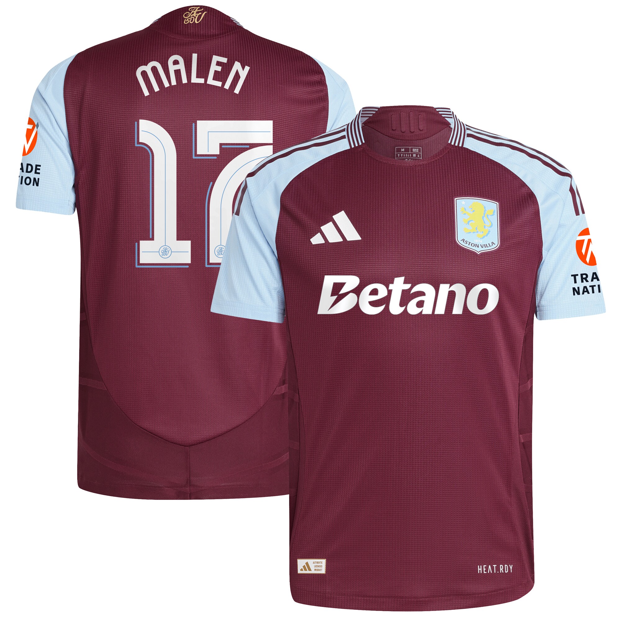 Aston Villa Shirts - aston villa adidas home authentic shirt 2024-25 with malen 17 cup printing Collection of Official Fan Gear
