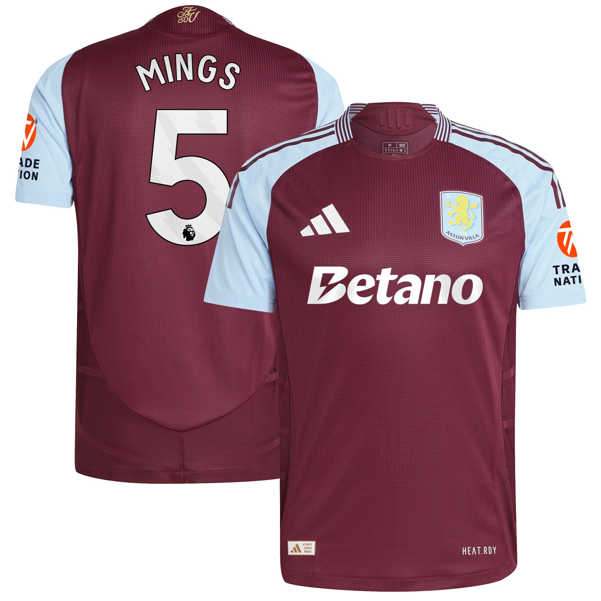 Aston Villa Shirts - aston villa adidas home authentic shirt 2024-25 with mings 5 printing Collection of Official Fan Gear