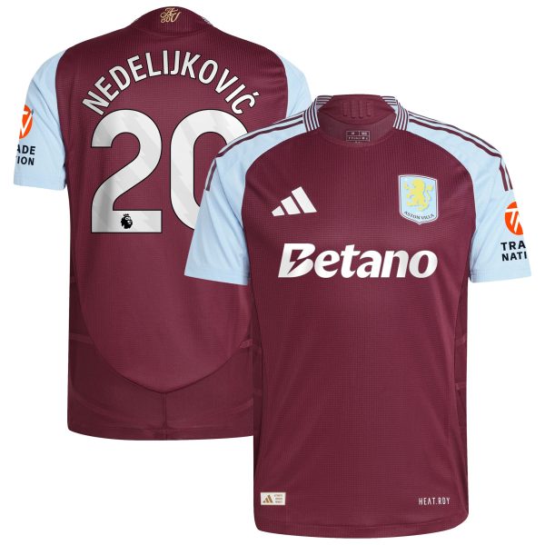 Aston Villa Shirts - aston villa adidas home authentic shirt 2024-25 with nedeljković 20 printing Collection of Official Fan Gear