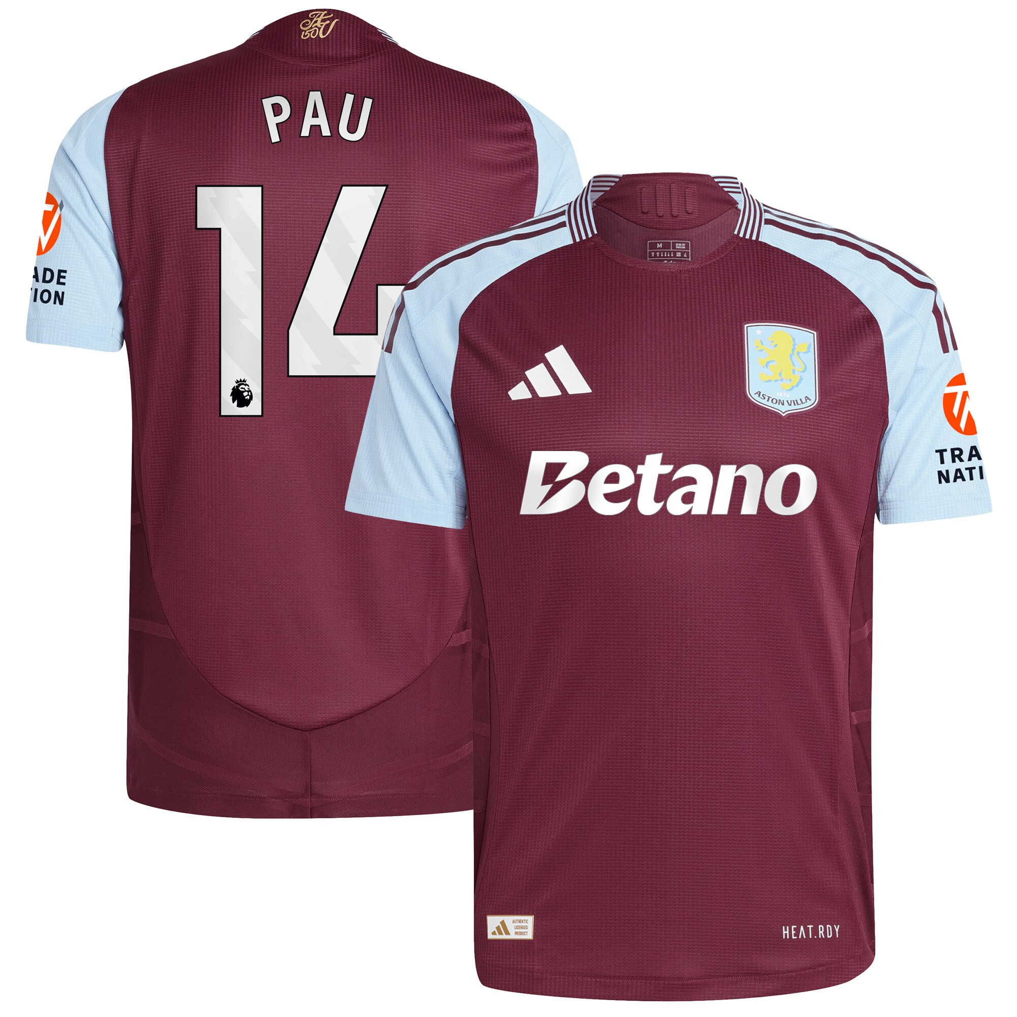 Aston Villa Shirts - aston villa adidas home authentic shirt 2024-25 with pau 14 printing Collection of Official Fan Gear