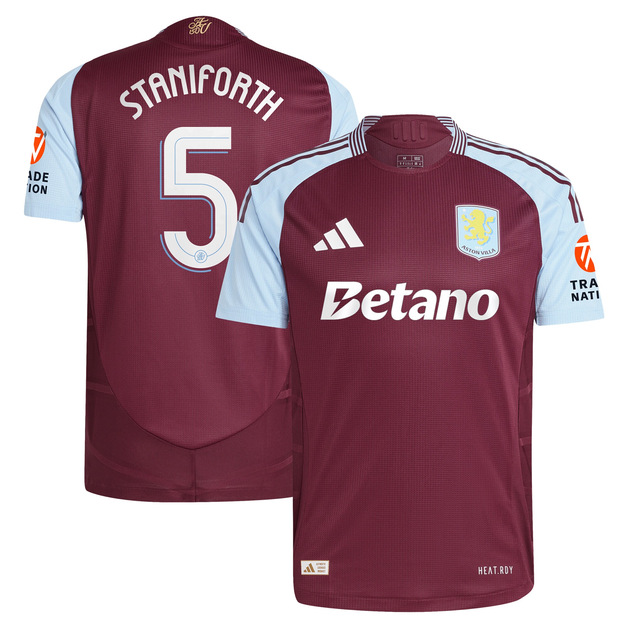 Aston Villa Shirts - aston villa adidas home authentic shirt 2024-25 with staniforth 5 cup printing Collection of Official Fan Gear