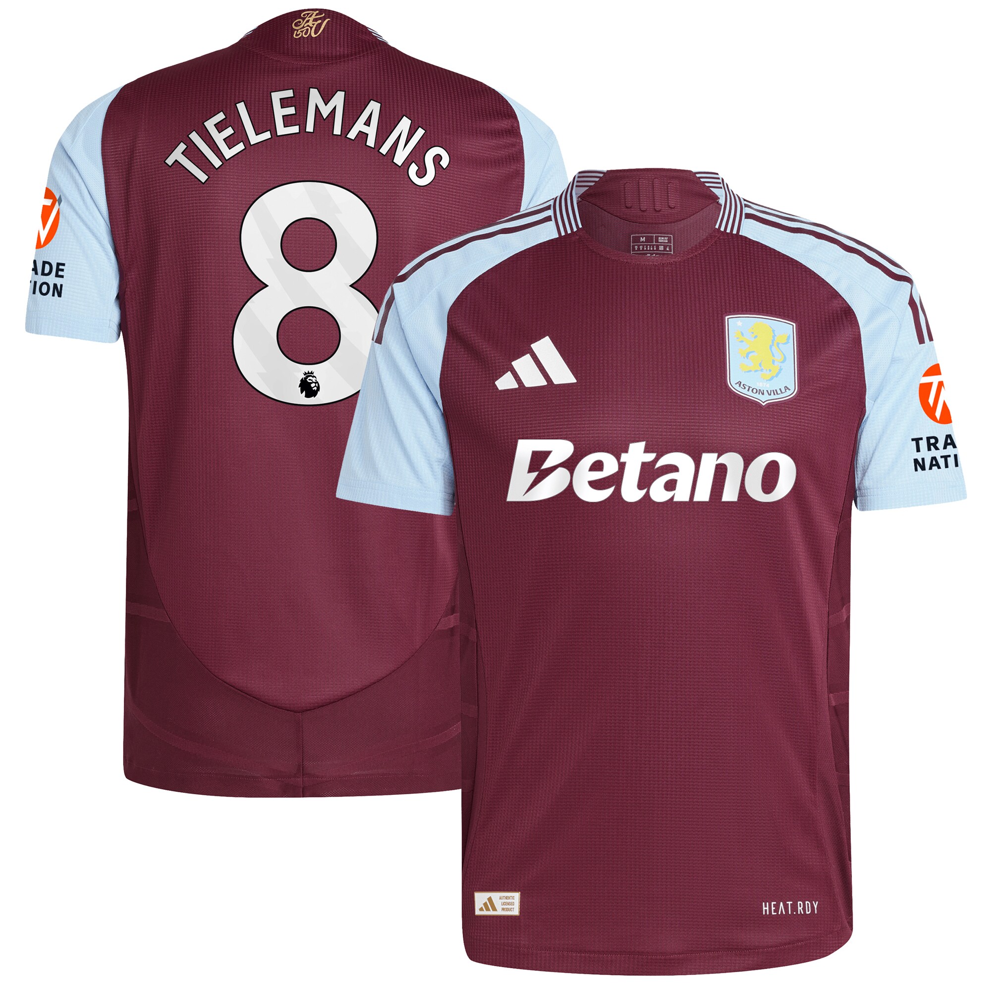 Aston Villa Shirts - aston villa adidas home authentic shirt 2024-25 with tielemans 8 printing Collection of Official Fan Gear
