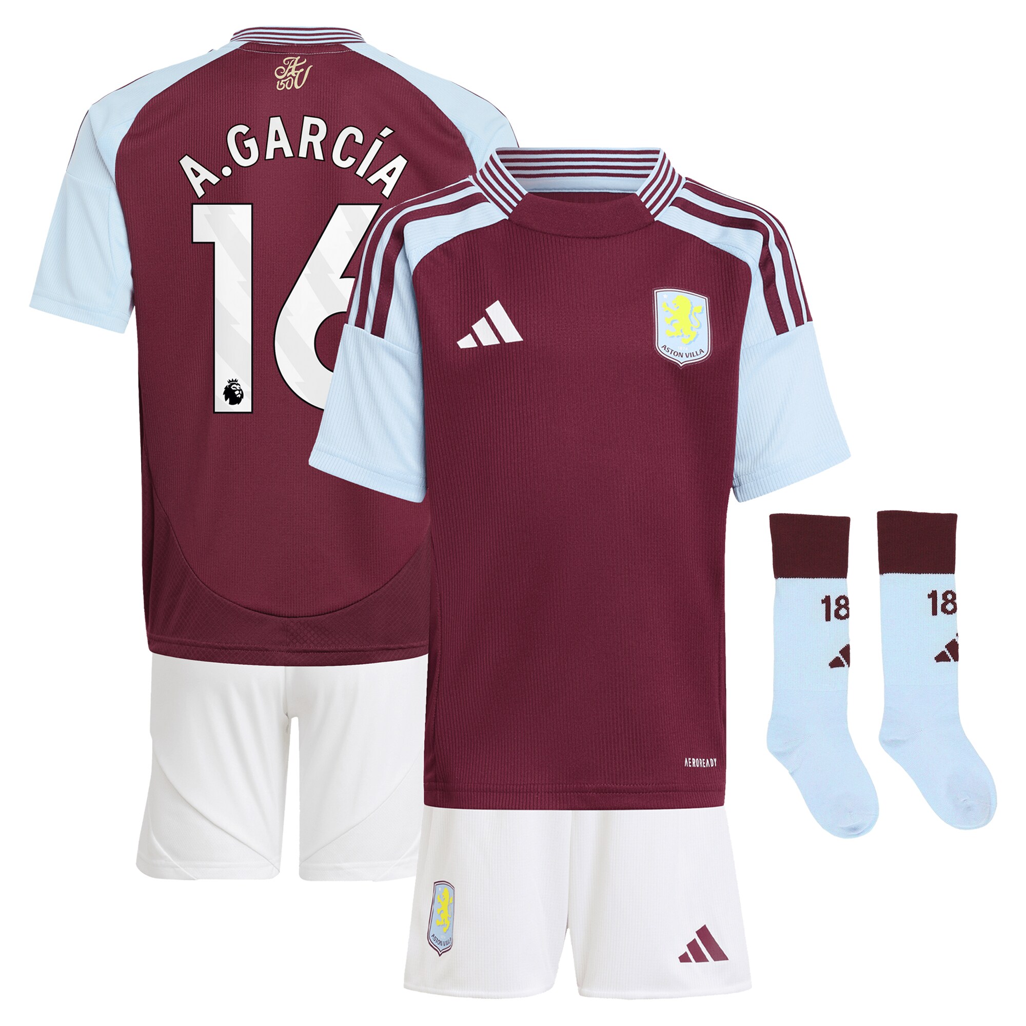 Aston Villa Shirts - aston villa adidas home mini kit 2024-25 with a.garcía 16 printing Collection of Official Fan Gear