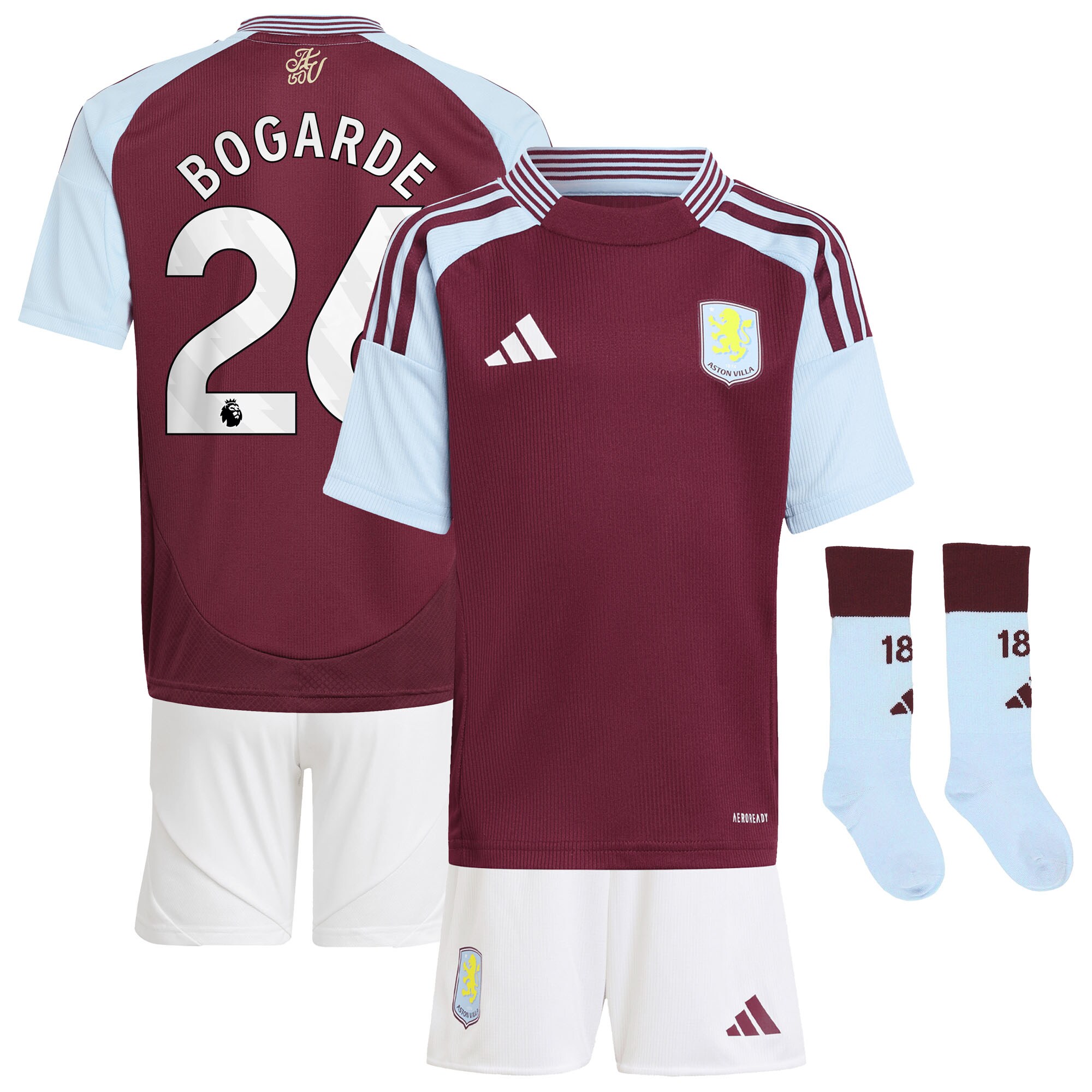 Aston Villa Shirts - aston villa adidas home mini kit 2024-25 with bogarde 26 printing Collection of Official Fan Gear