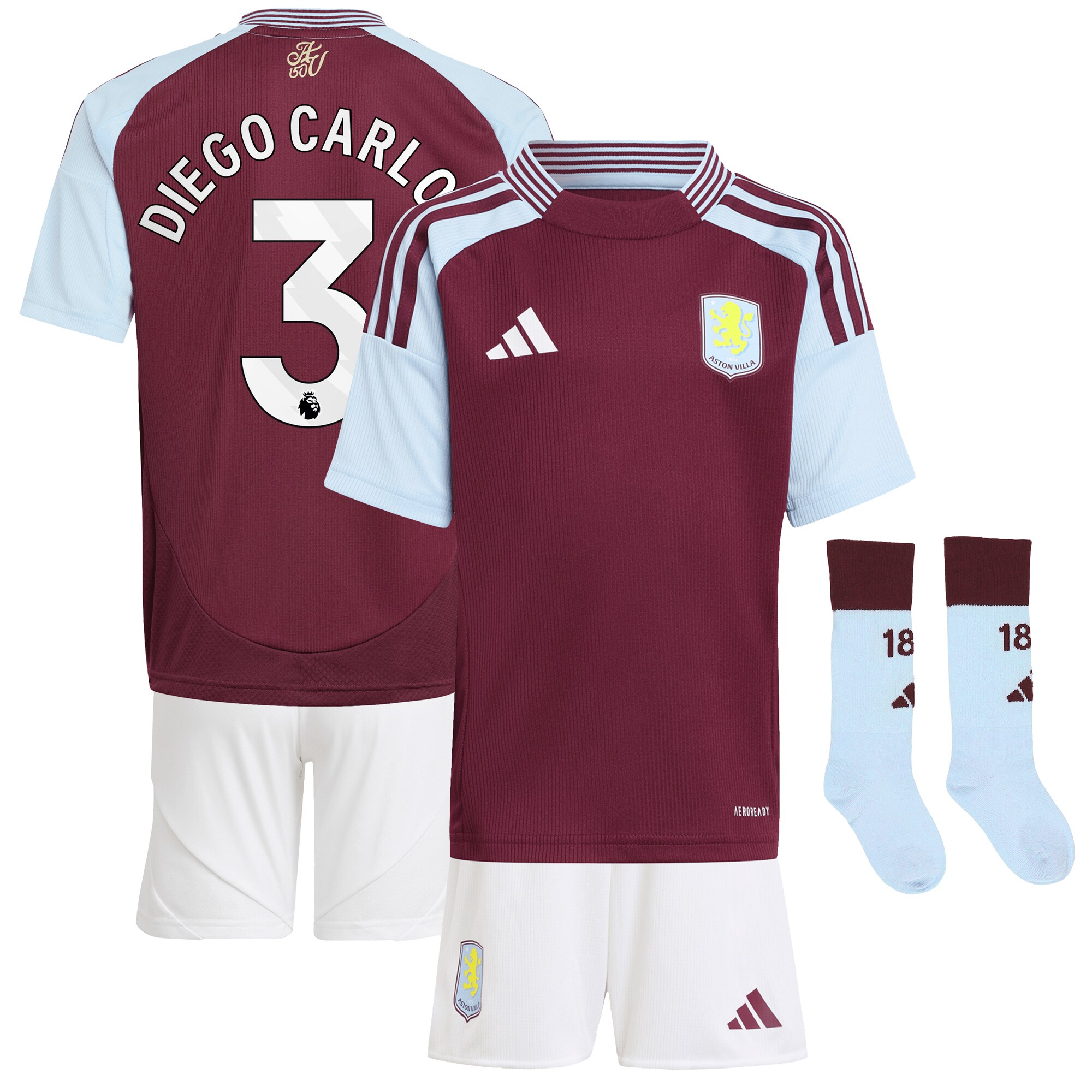 Aston Villa Shirts - aston villa adidas home mini kit 2024-25 with diego carlos 3 printing Collection of Official Fan Gear