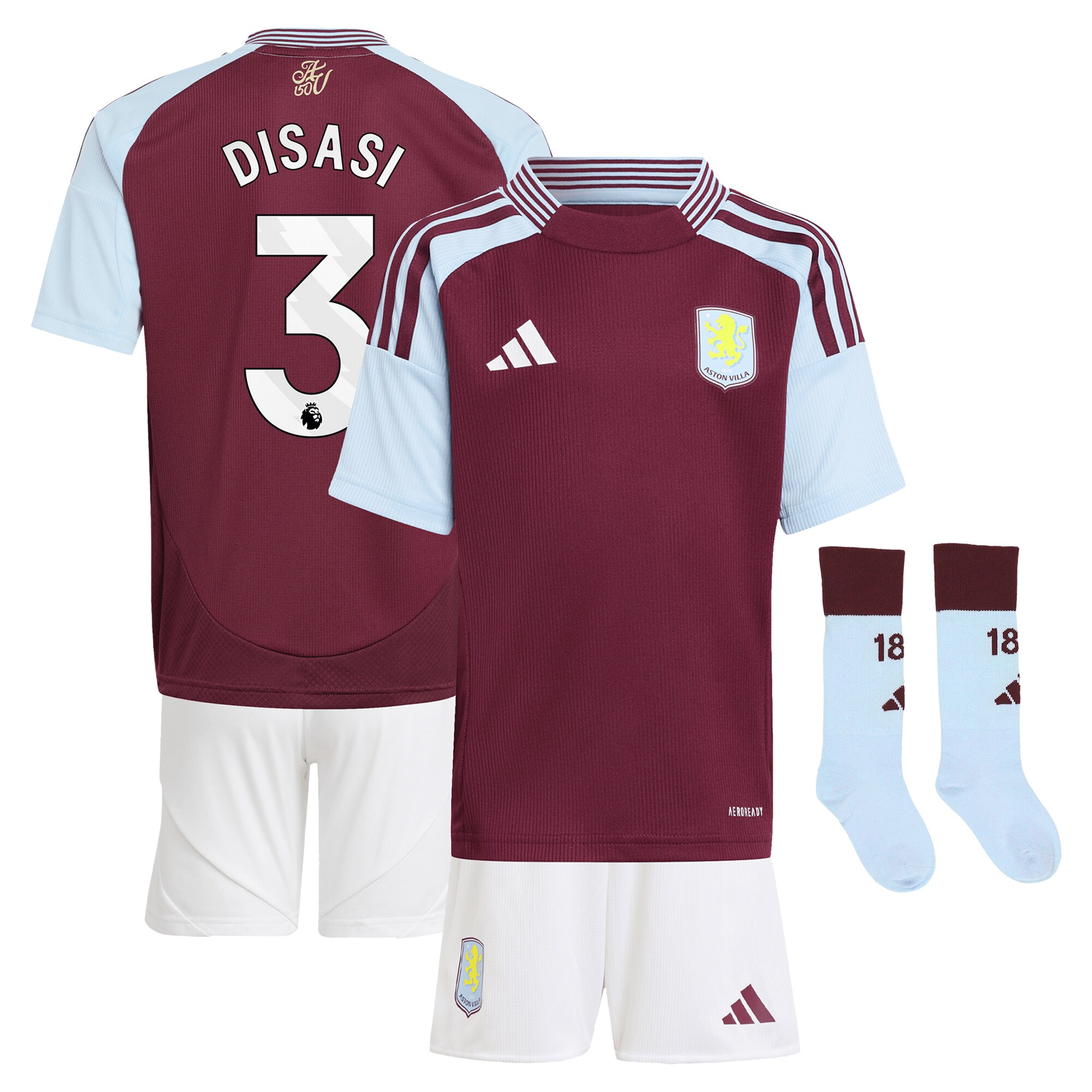Aston Villa Shirts - aston villa adidas home mini kit 2024-25 with disasi 3 printing Collection of Official Fan Gear