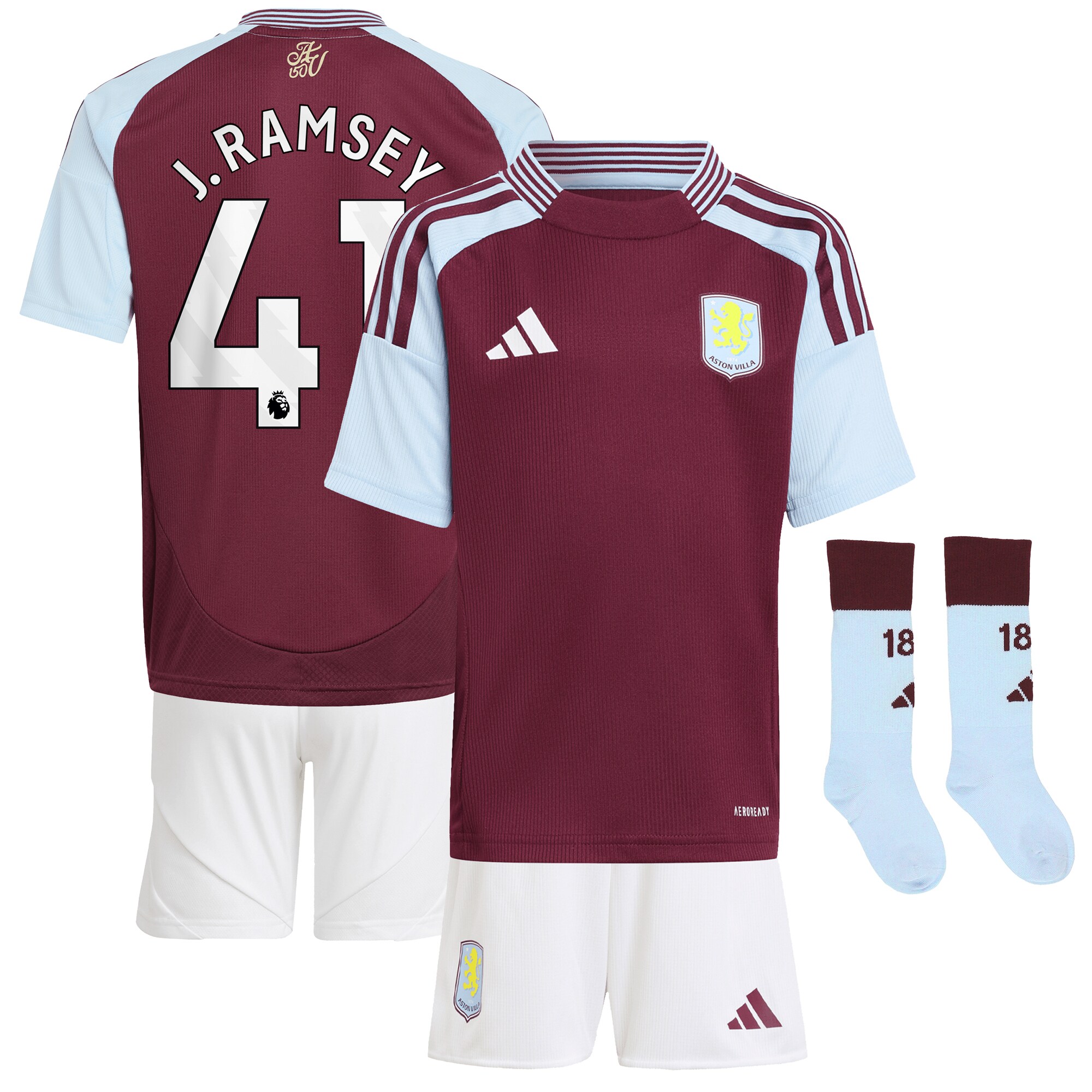 Aston Villa Shirts - aston villa adidas home mini kit 2024-25 with j. ramsey 41 printing Collection of Official Fan Gear