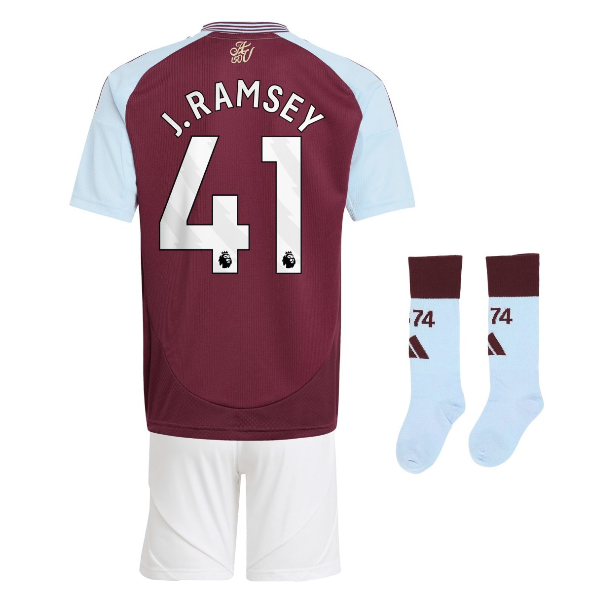 Aston Villa Shirts - aston villa adidas home mini kit 2024-25 with j. ramsey 41 printing Collection of Official Fan Gear