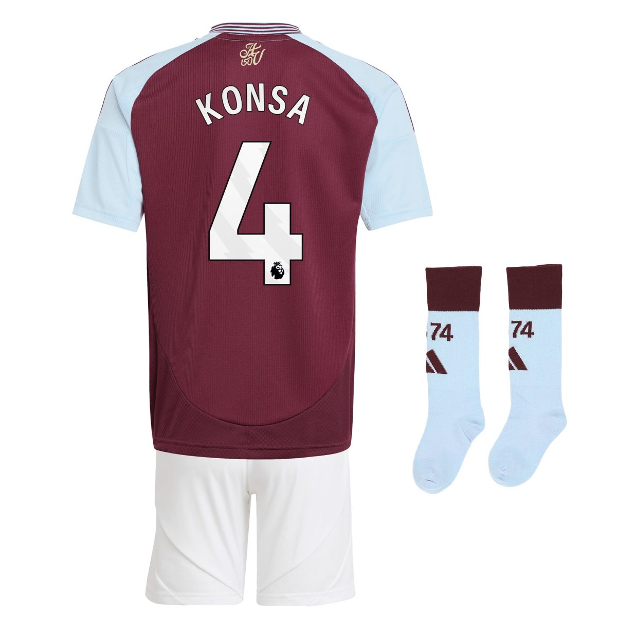 Aston Villa Shirts - aston villa adidas home mini kit 2024-25 with konsa 4 printing Collection of Official Fan Gear