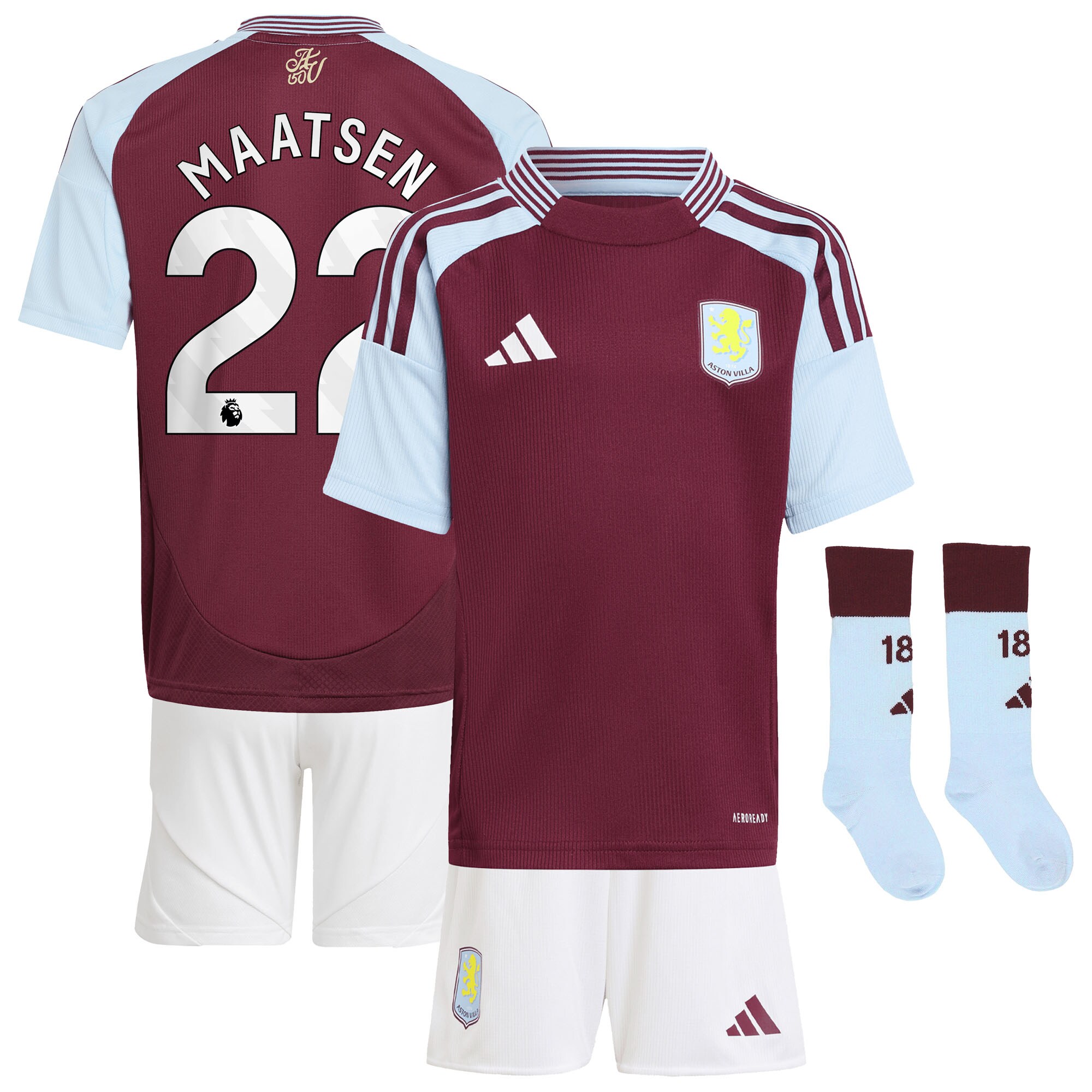 Aston Villa Shirts - aston villa adidas home mini kit 2024-25 with maatsen 22 printing Collection of Official Fan Gear
