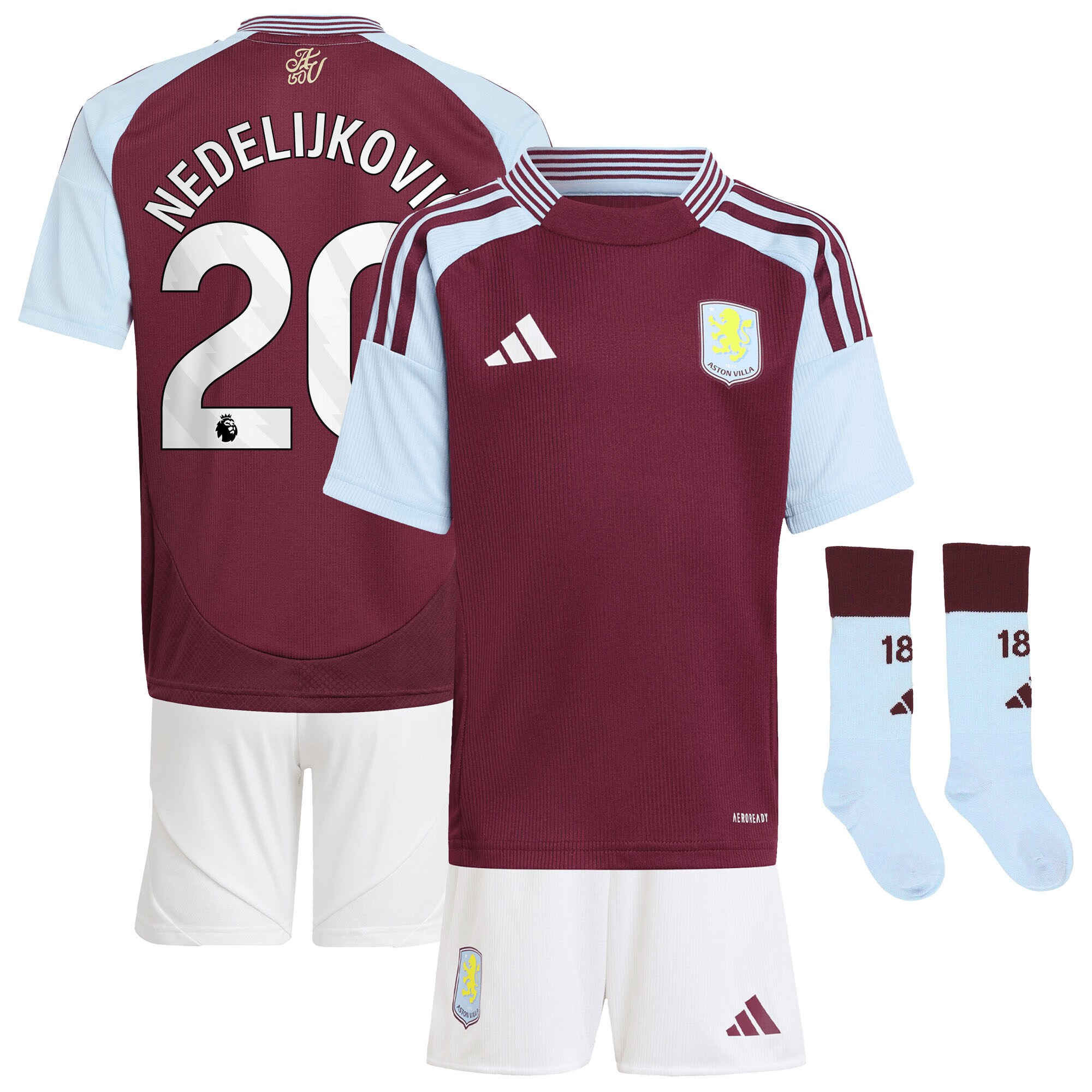 Aston Villa Shirts - aston villa adidas home mini kit 2024-25 with nedeljković 20 printing Collection of Official Fan Gear