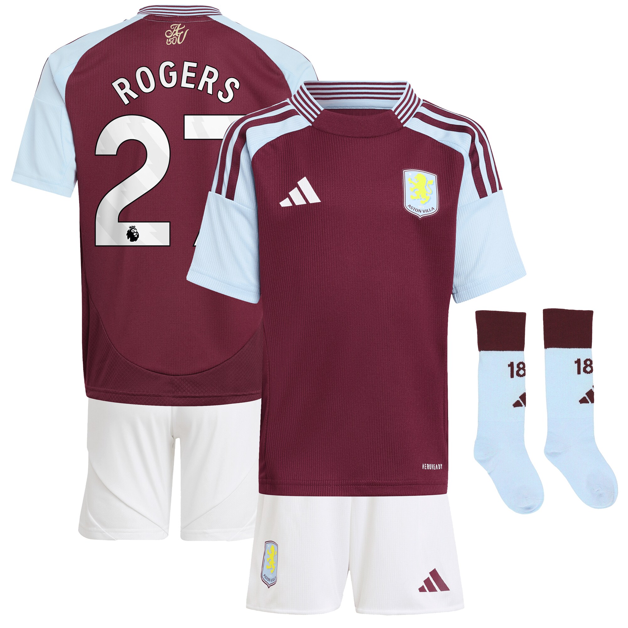 Aston Villa Shirts - aston villa adidas home mini kit 2024-25 with rogers 27 printing Collection of Official Fan Gear