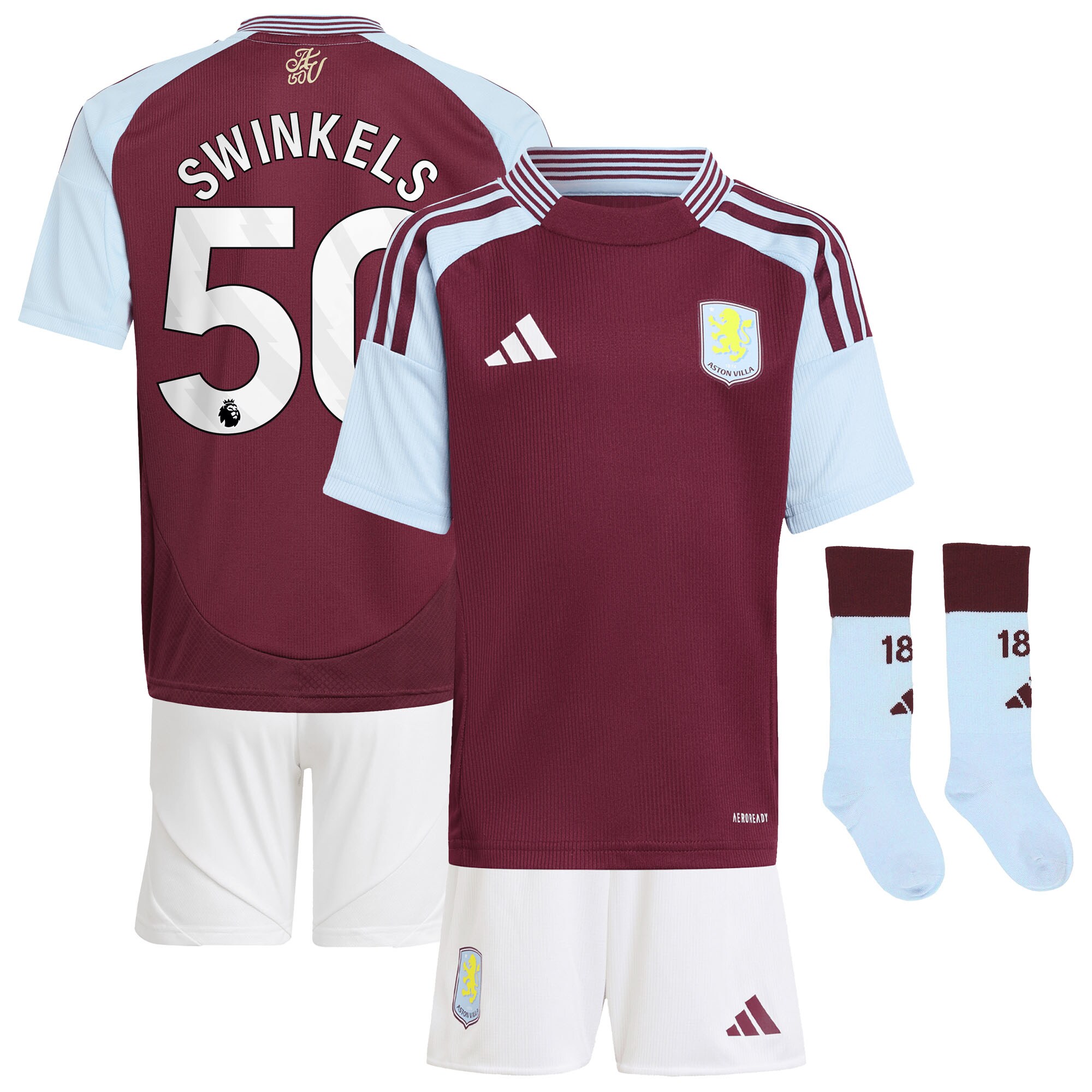 Aston Villa Shirts - aston villa adidas home mini kit 2024-25 with swinkels 50 printing Collection of Official Fan Gear