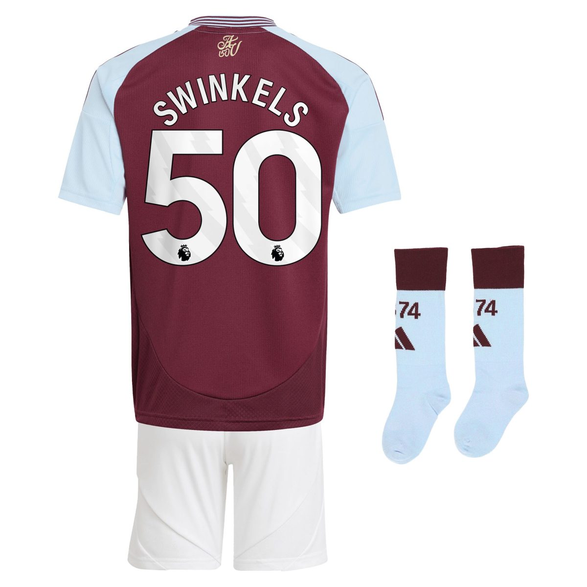 Aston Villa Shirts - aston villa adidas home mini kit 2024-25 with swinkels 50 printing Collection of Official Fan Gear