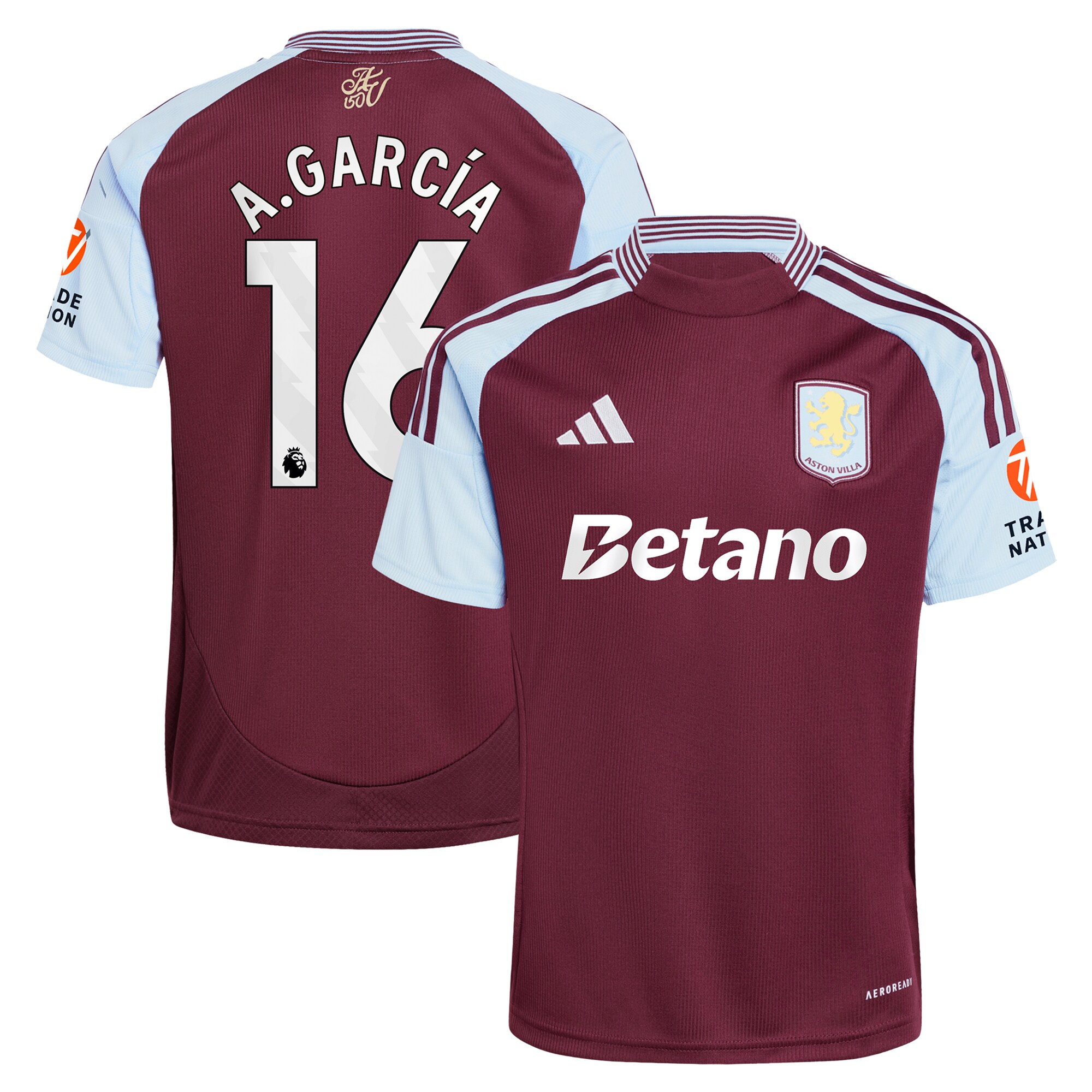 Aston Villa Shirts - aston villa adidas home shirt 2024-25 with a.garcía 16 printing Collection of Official Fan Gear