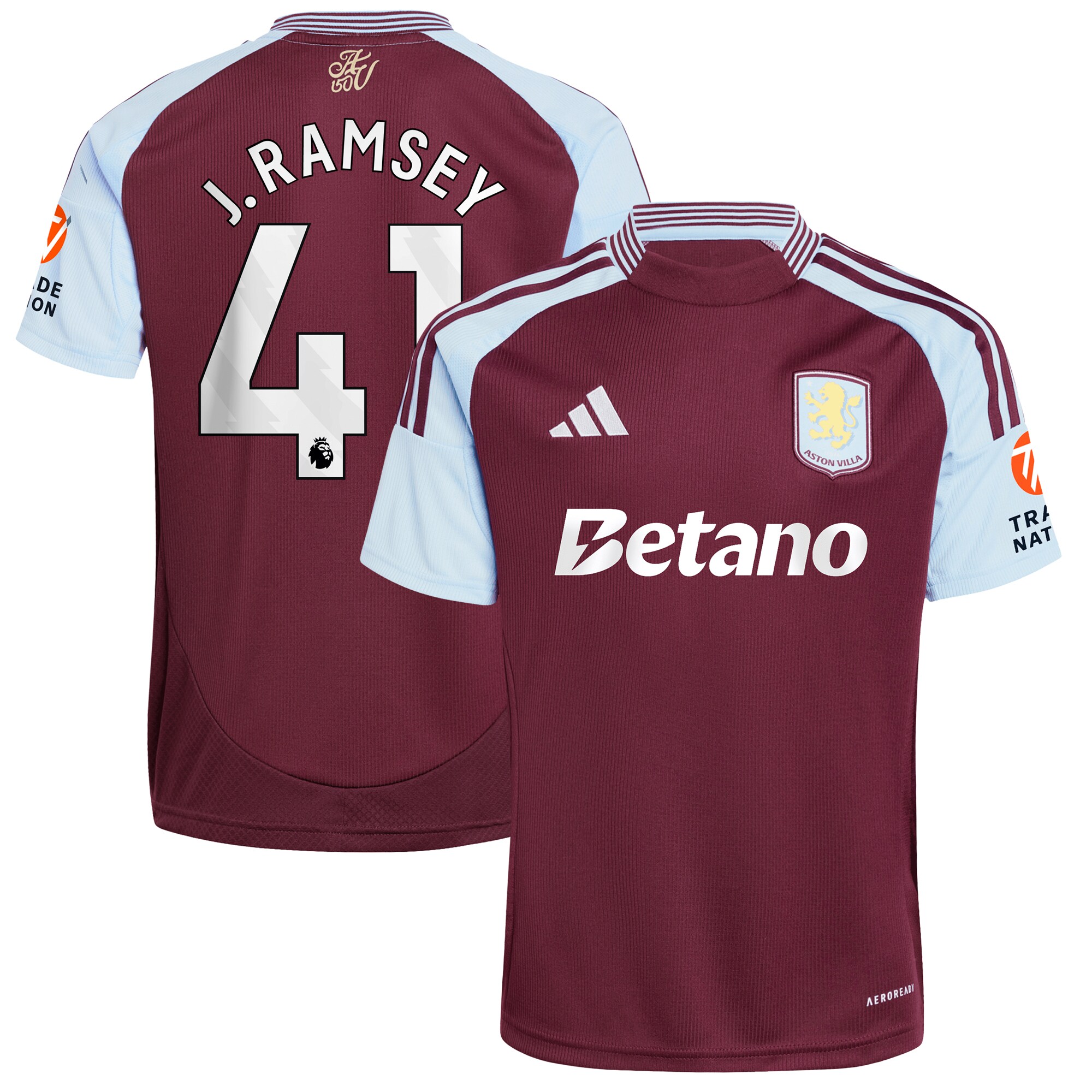 Aston Villa Shirts - aston villa adidas home shirt 2024-25 with j. ramsey 41 printing Collection of Official Fan Gear