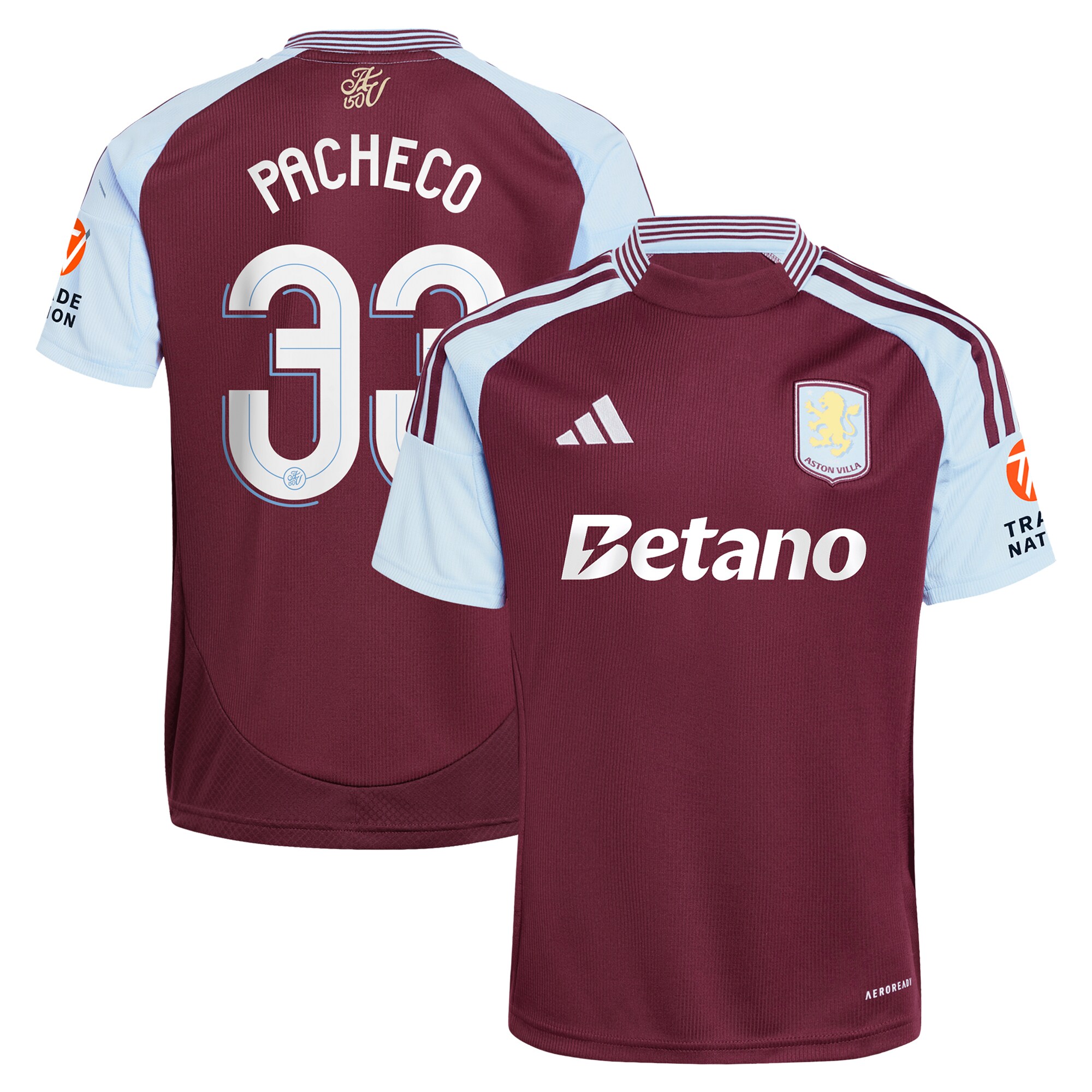 Aston Villa Shirts - aston villa adidas home shirt 2024-25 with pacheco 33 cup printing Collection of Official Fan Gear