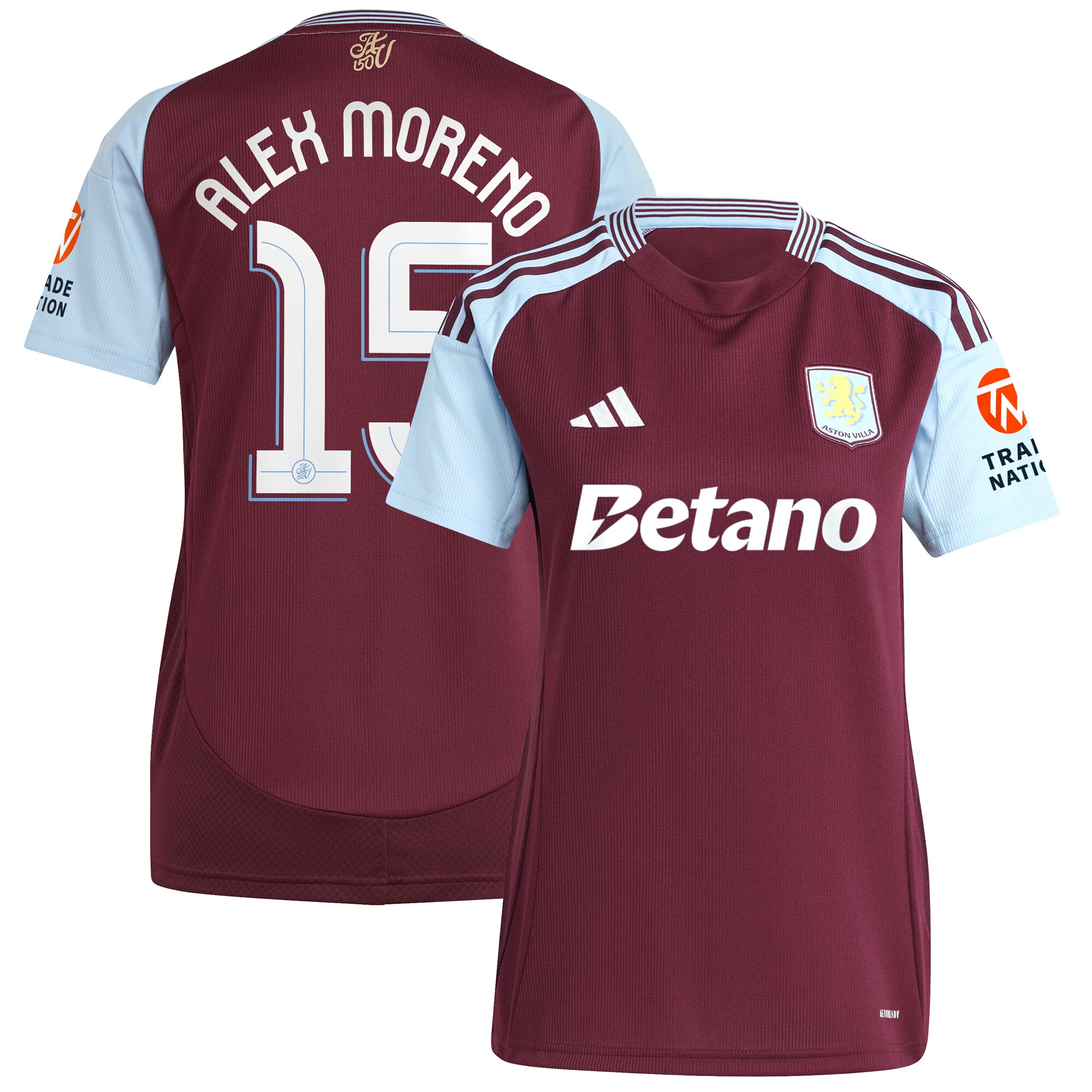Aston Villa Shirts - aston villa adidas home shirt 2024-25 – womens with alex moreno 15 cup printing Collection of Official Fan Gear