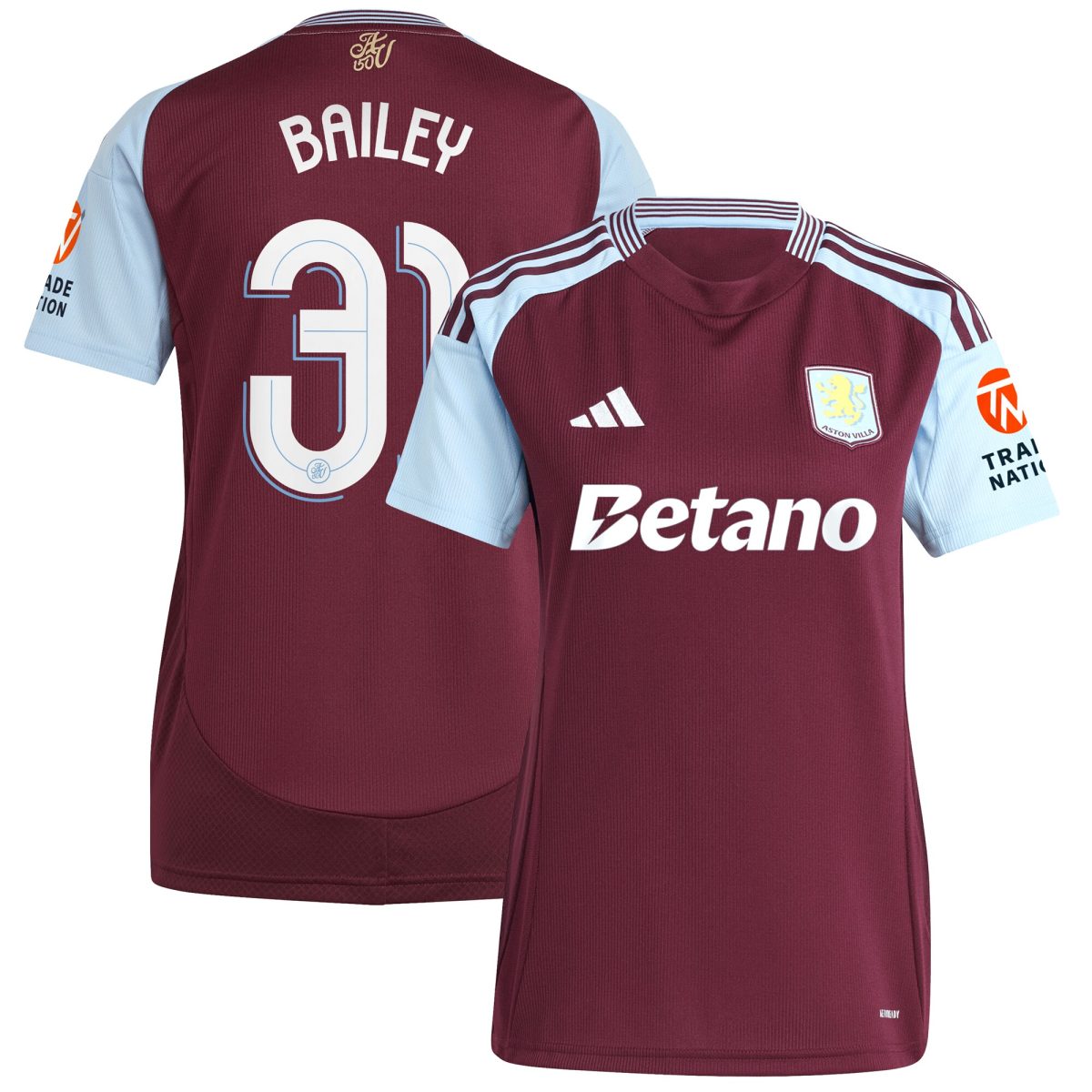Aston Villa Shirts - aston villa adidas home shirt 2024-25 – womens with bailey 31 cup printing Collection of Official Fan Gear