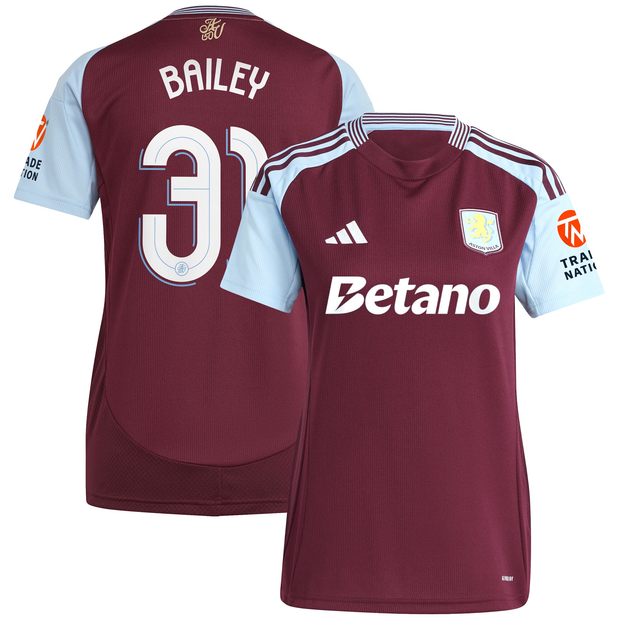 Aston Villa Shirts - aston villa adidas home shirt 2024-25 – womens with bailey 31 cup printing Collection of Official Fan Gear