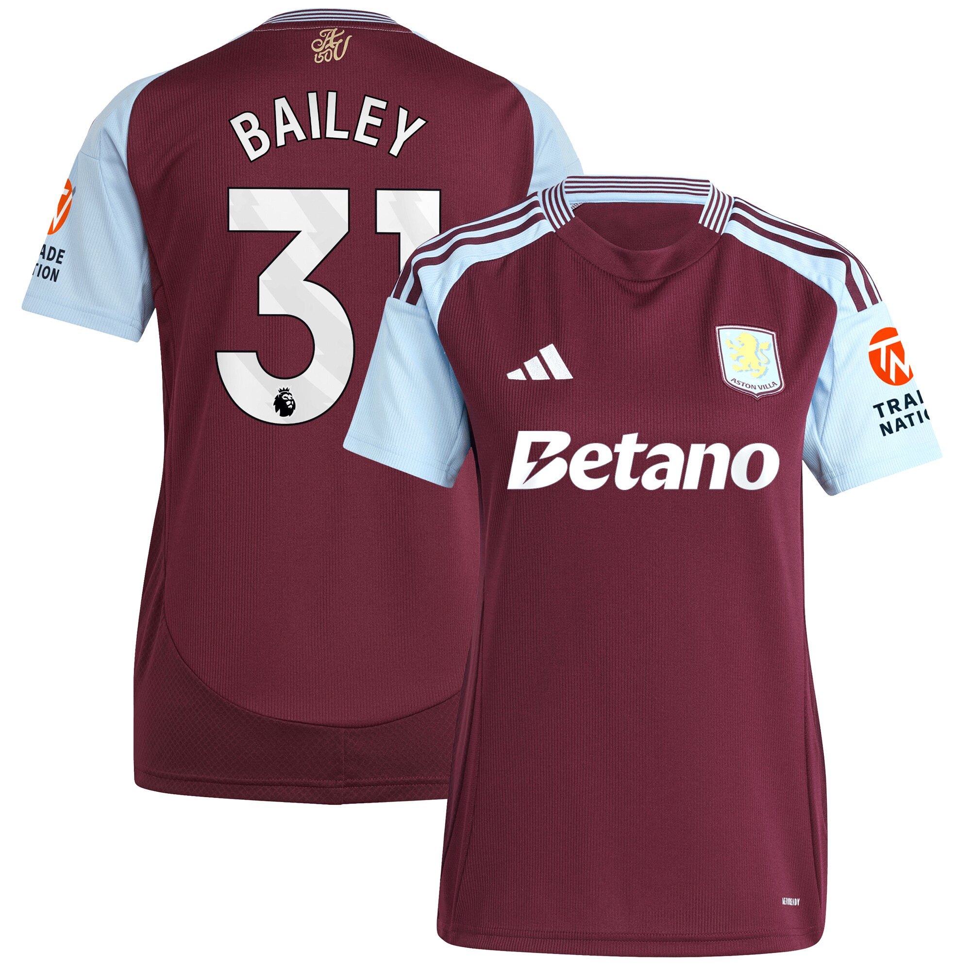 Aston Villa Shirts - aston villa adidas home shirt 2024-25 – womens with bailey 31 printing Collection of Official Fan Gear
