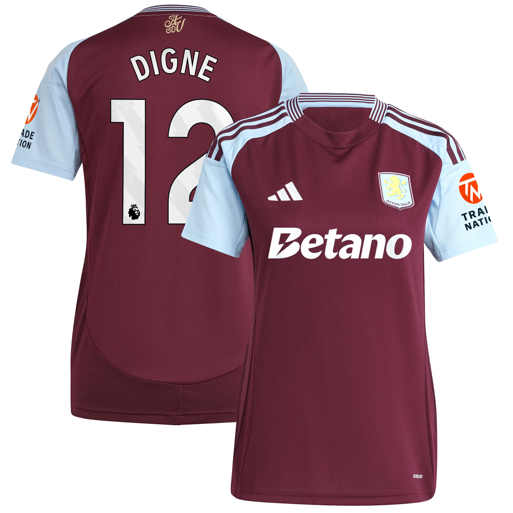 Aston Villa Shirts - aston villa adidas home shirt 2024-25 – womens with digne 12 printing Collection of Official Fan Gear