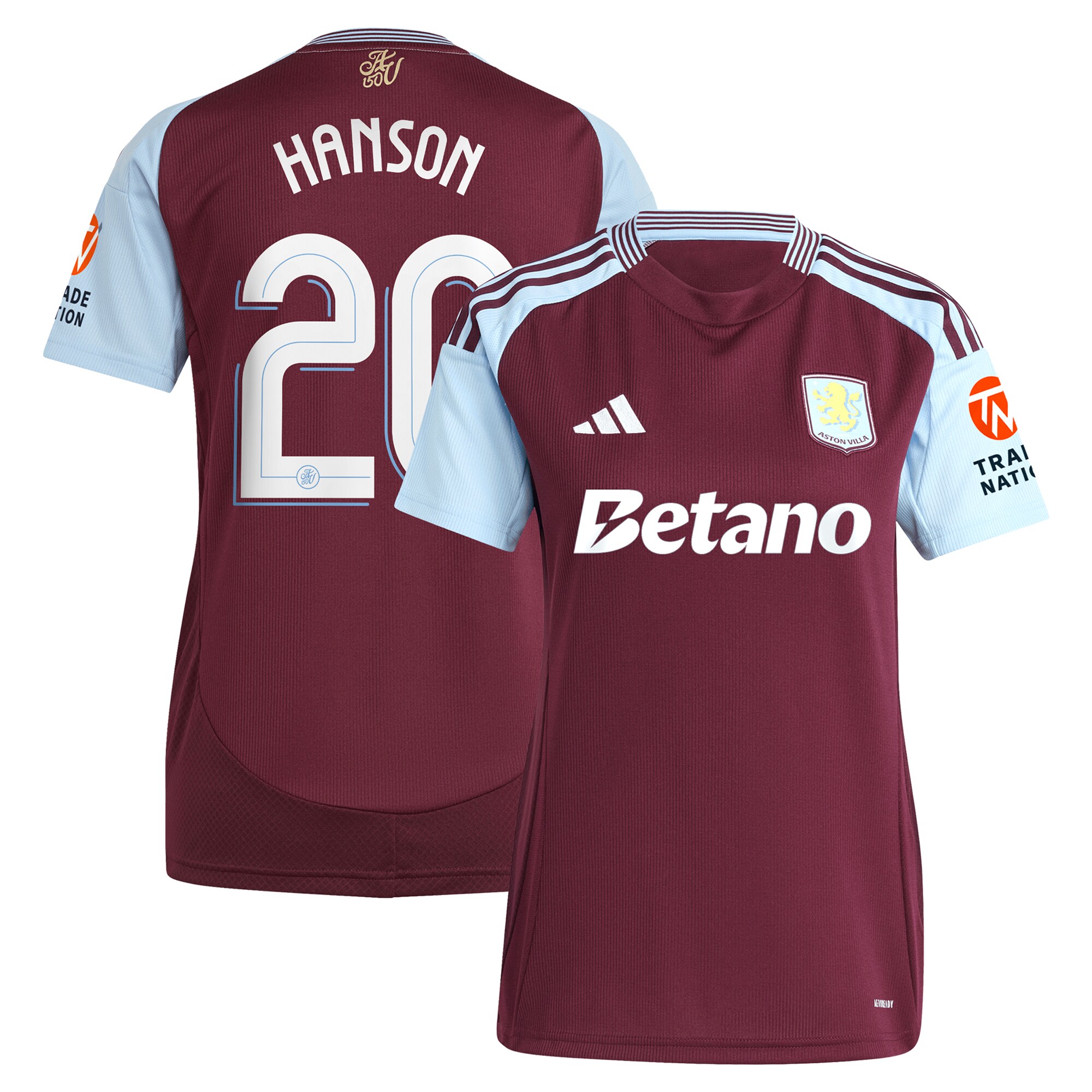 Aston Villa Shirts - aston villa adidas home shirt 2024-25 – womens with hanson 20 cup printing Collection of Official Fan Gear