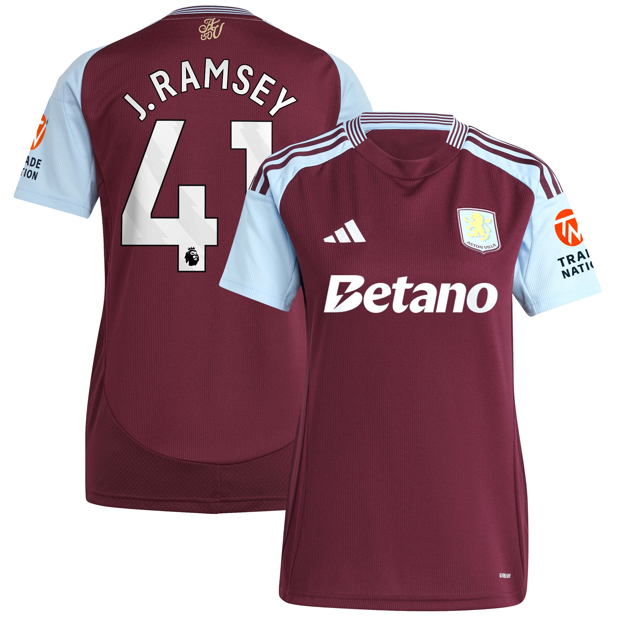Aston Villa Shirts - aston villa adidas home shirt 2024-25 – womens with j. ramsey 41 printing Collection of Official Fan Gear