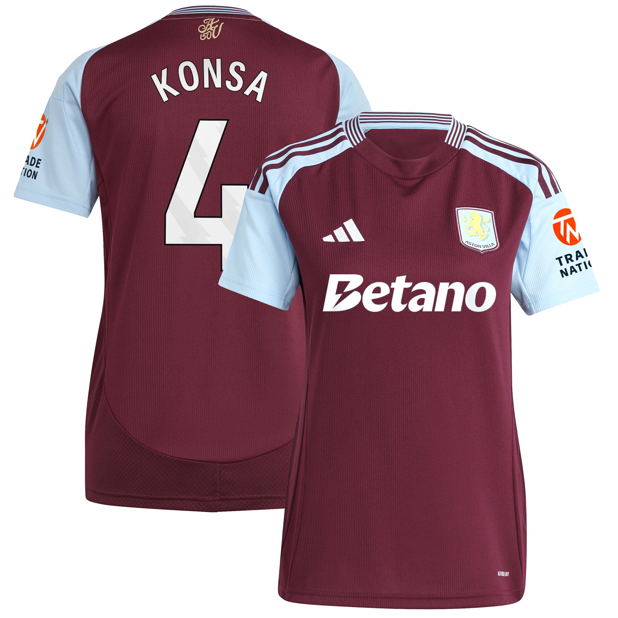 Aston Villa Shirts - aston villa adidas home shirt 2024-25 – womens with konsa 4 printing Collection of Official Fan Gear