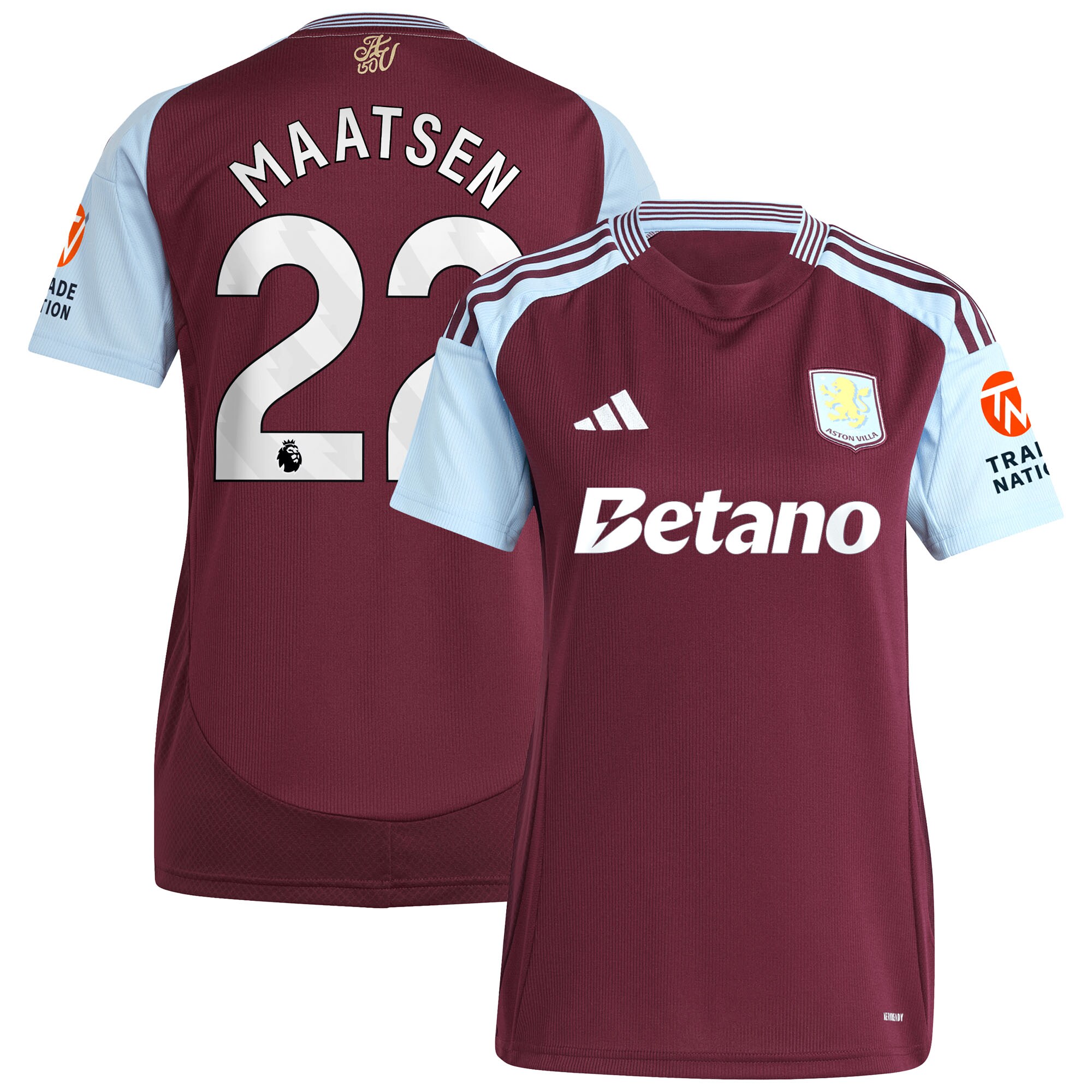 Aston Villa Shirts - aston villa adidas home shirt 2024-25 – womens with maatsen 22 printing Collection of Official Fan Gear