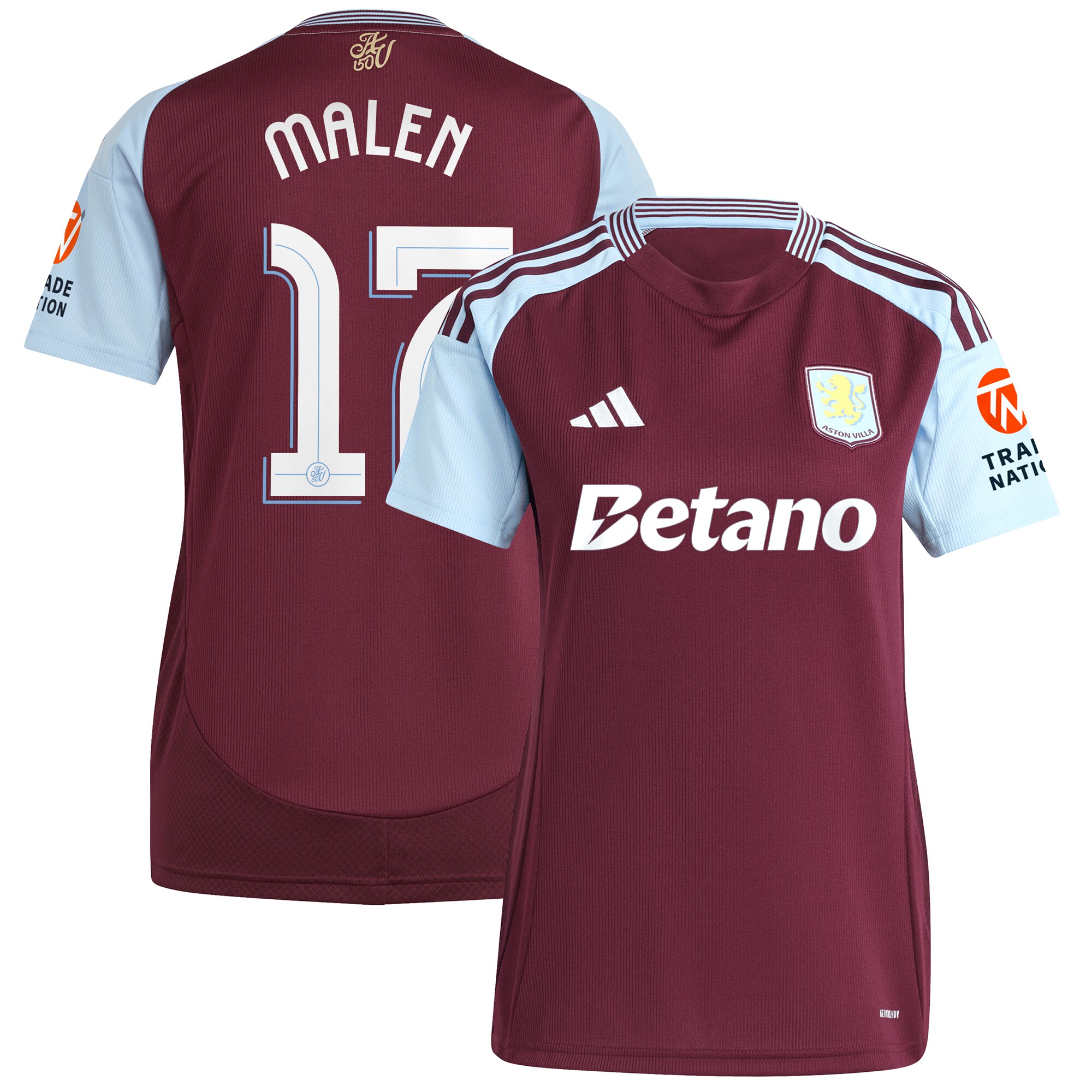 Aston Villa Shirts - aston villa adidas home shirt 2024-25 – womens with malen 17 cup printing Collection of Official Fan Gear